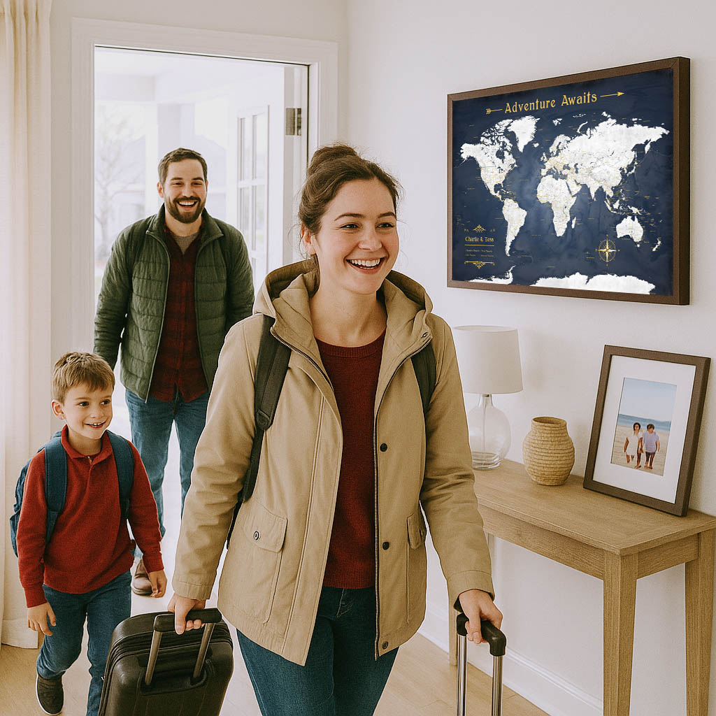 Lifestyle view of Adventure Awaits World Map wall art in navy and gold