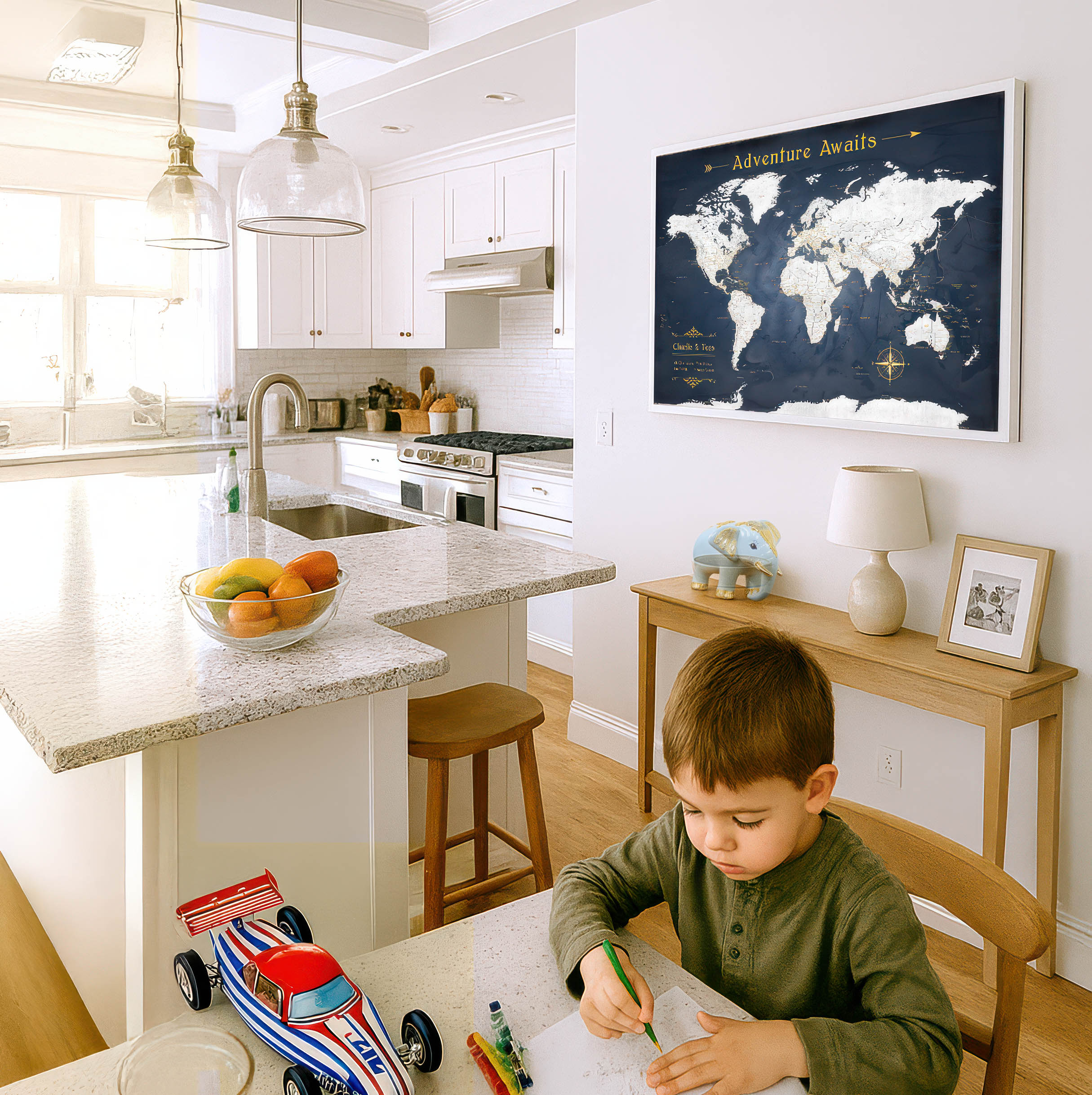 Child drawing at a kitchen table with a navy and white world map on the wall