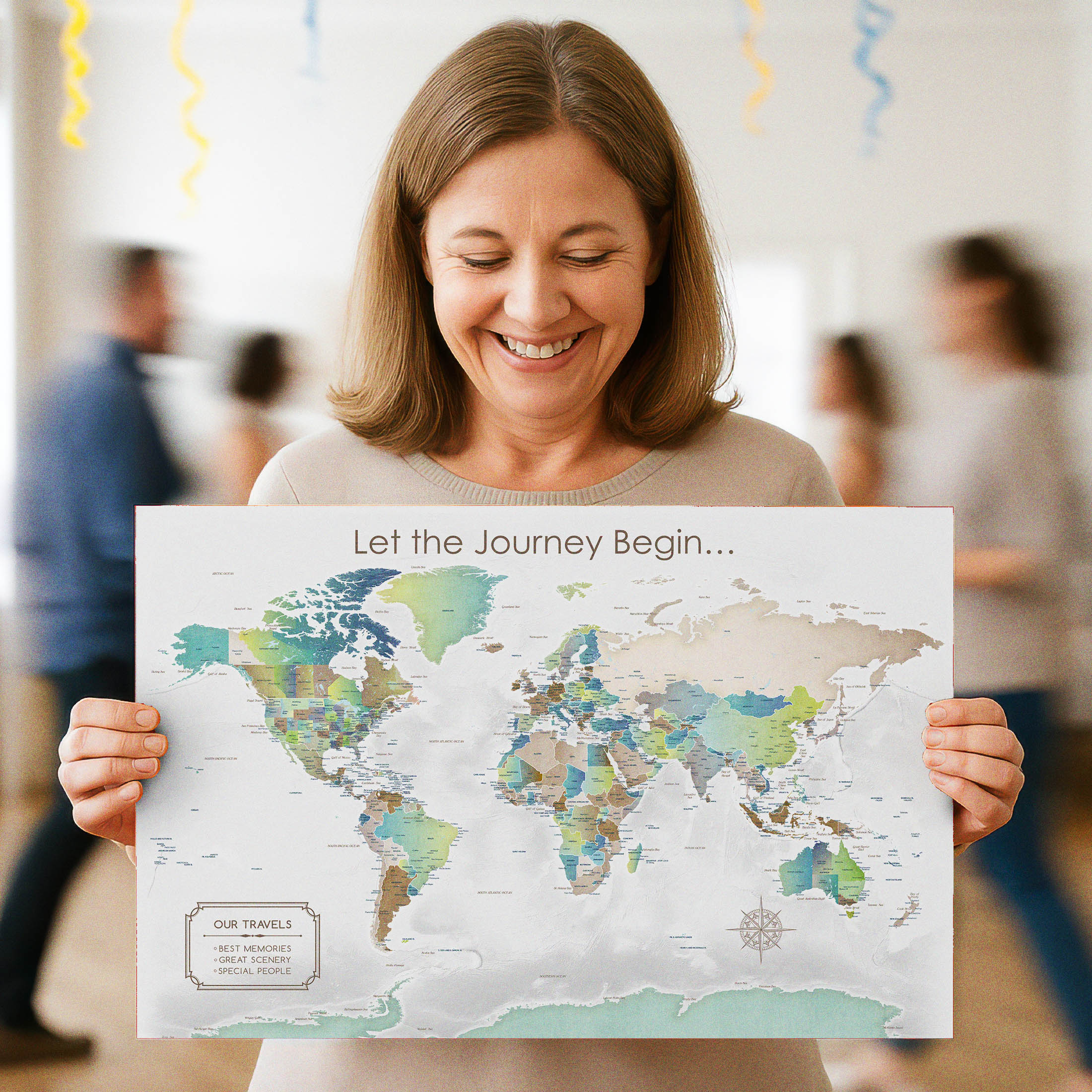 Woman holding a world map with 'Let the Journey Begin' text in a blurred indoor setting