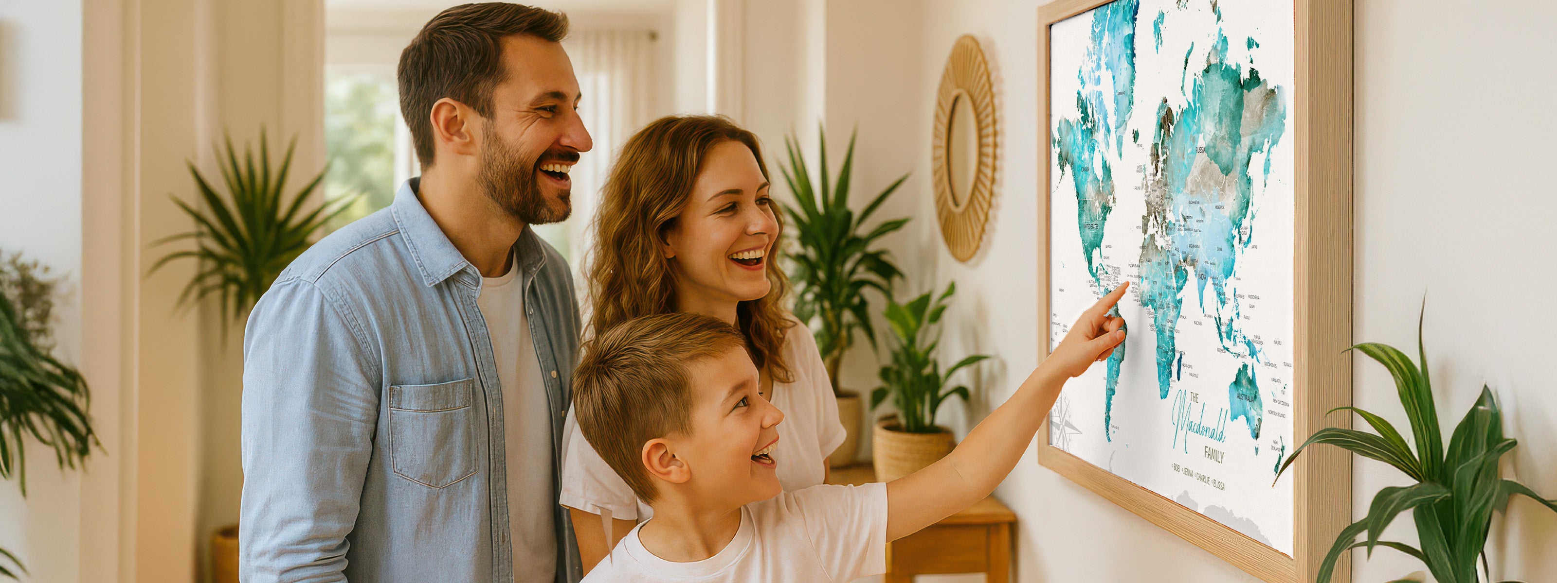Smiling family pointing at a personalized world push pin map in wooden frame