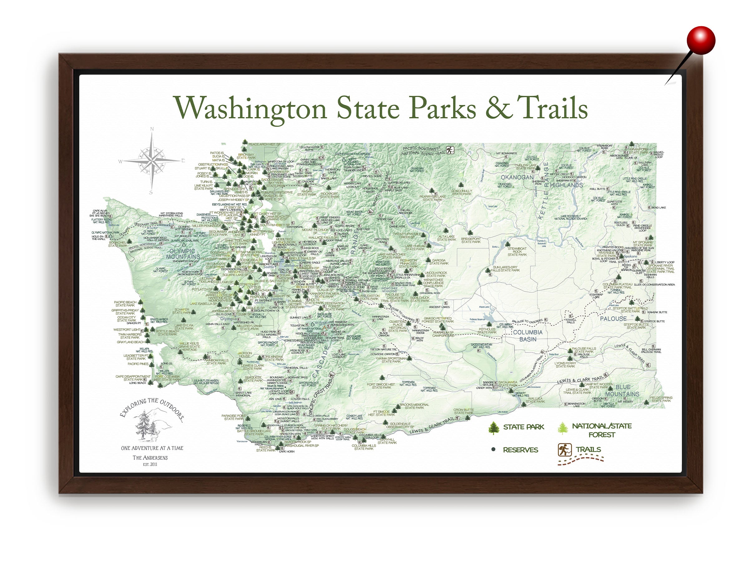 Push Pin Washington Trails Map and State Parks - Gift for Hikers