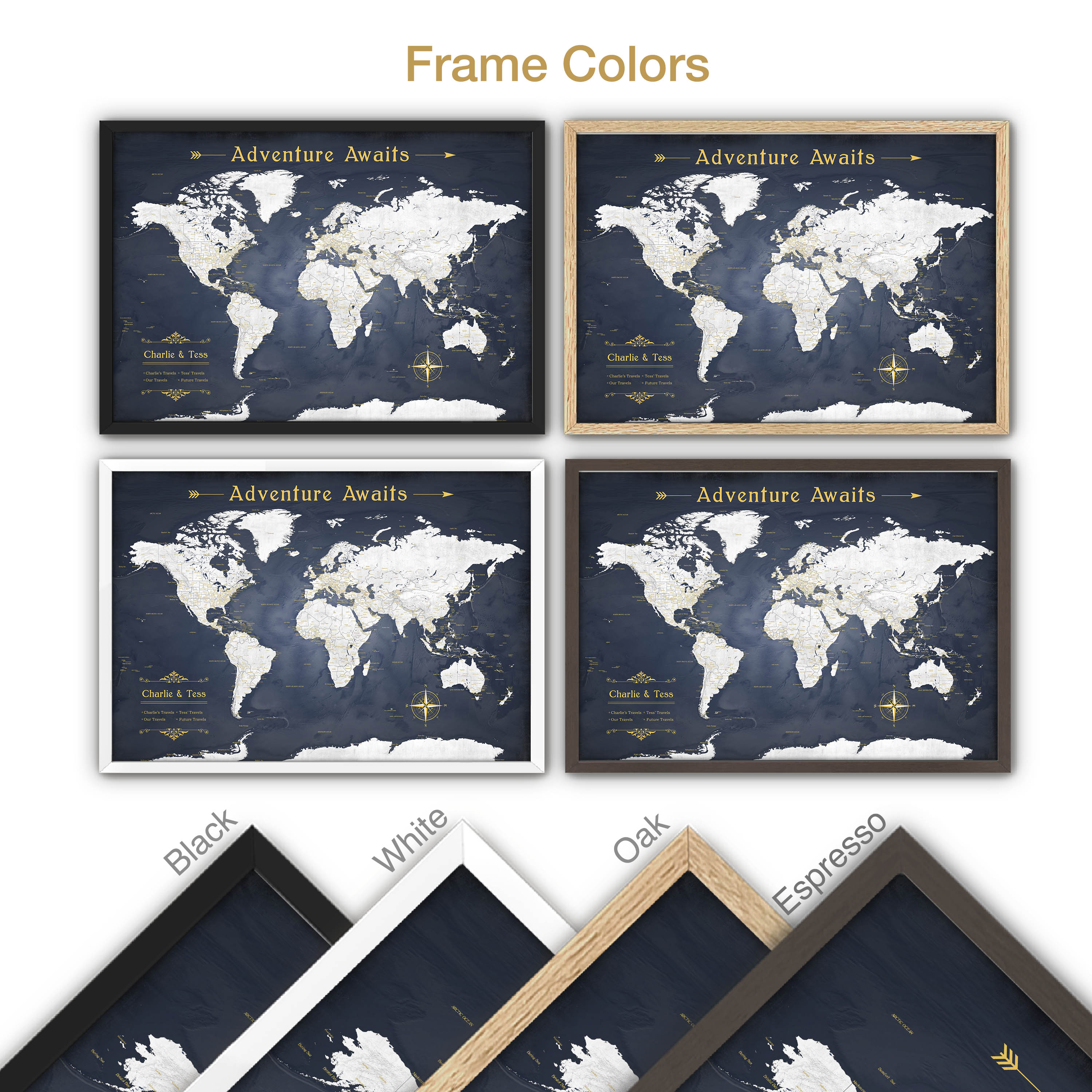 Framed Adventure Awaits World Map in navy and gold shown in multiple styles