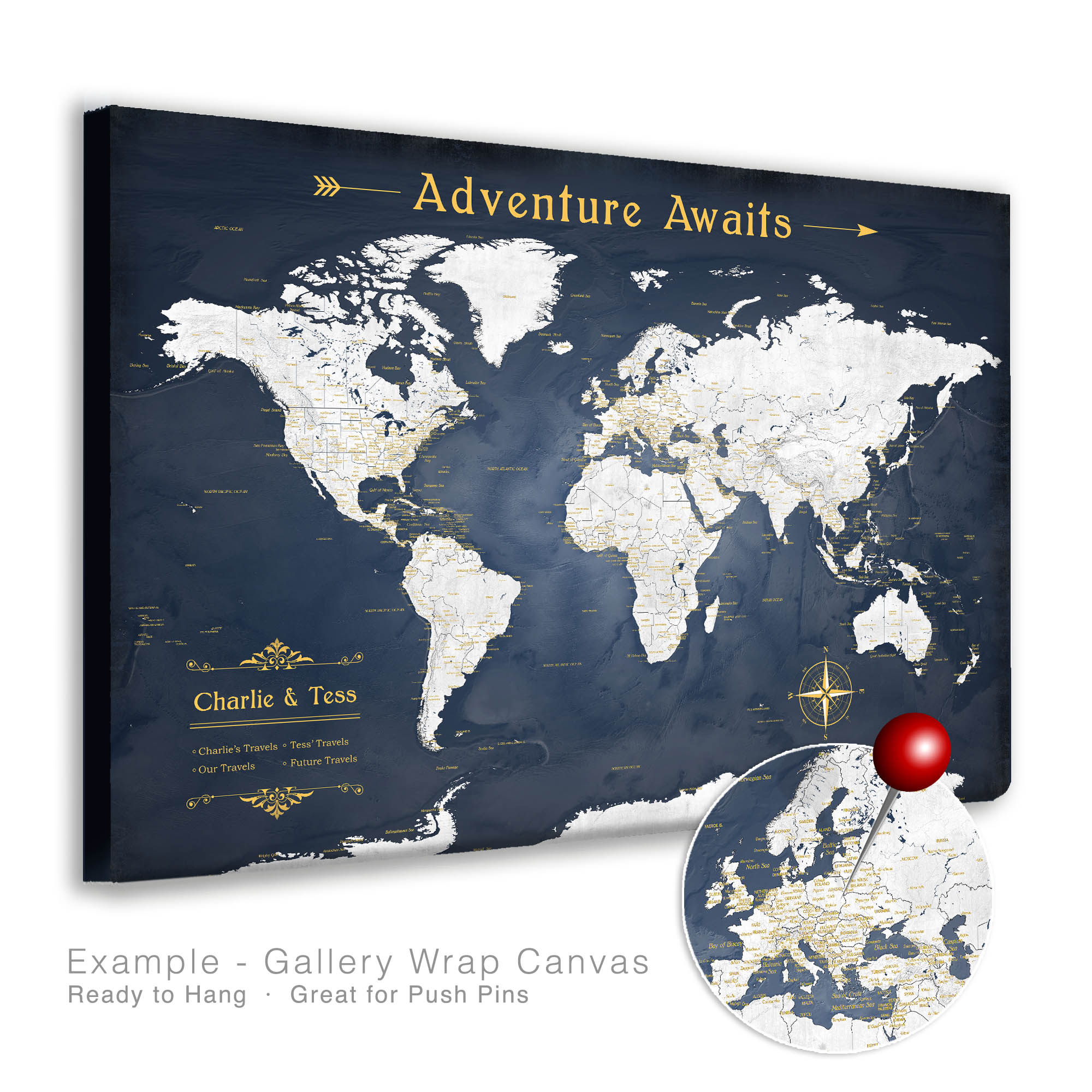 Gallery wrapped Adventure Awaits World Map in navy and gold