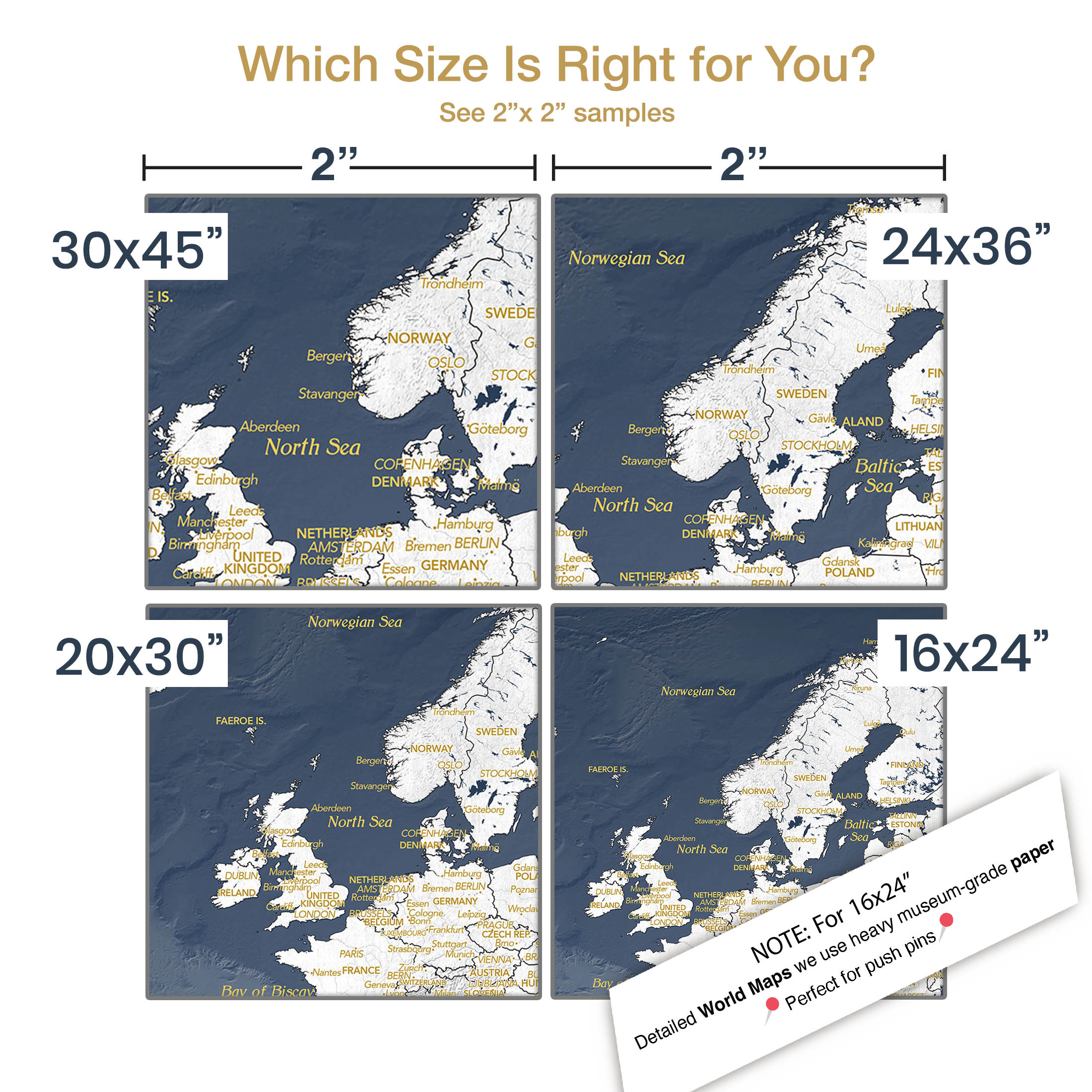 Comparison of sizes for Adventure Awaits World Map in navy and gold