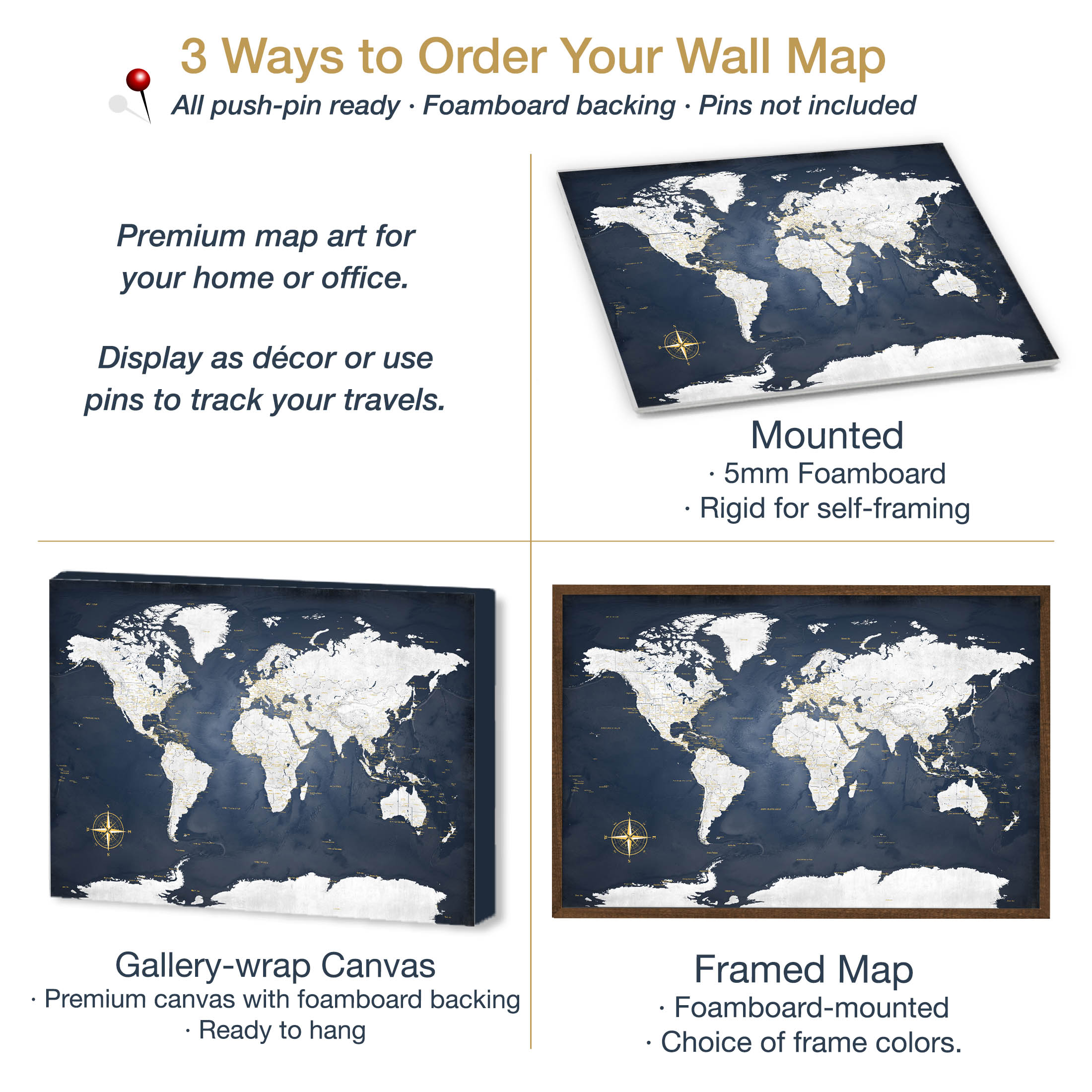 Formats and types available for Adventure Awaits World Map navy and gold