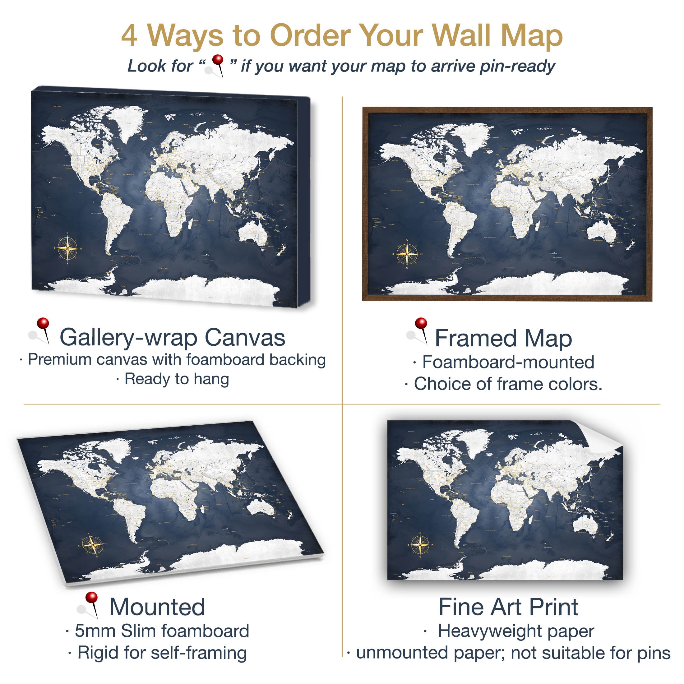 Formats and types available for Adventure Awaits World Map navy and gold