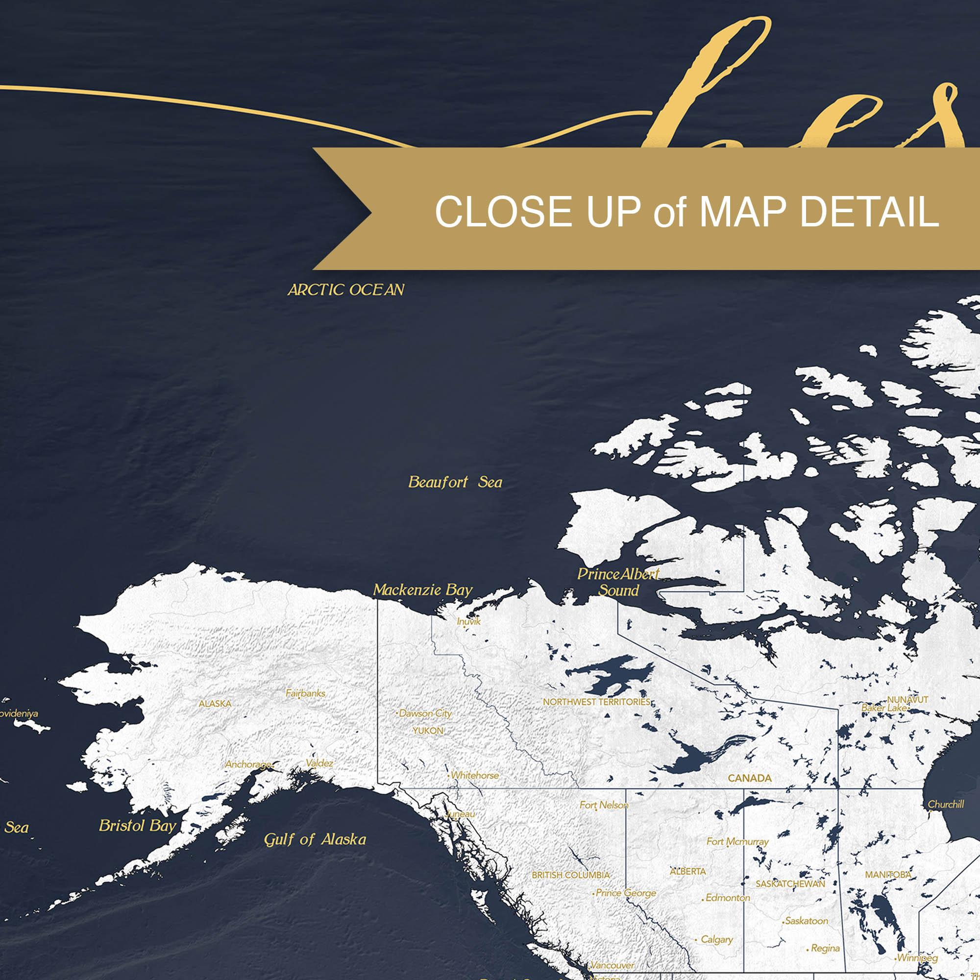 Detail close-up of navy and gold fine art World Map print showing the Alaska area