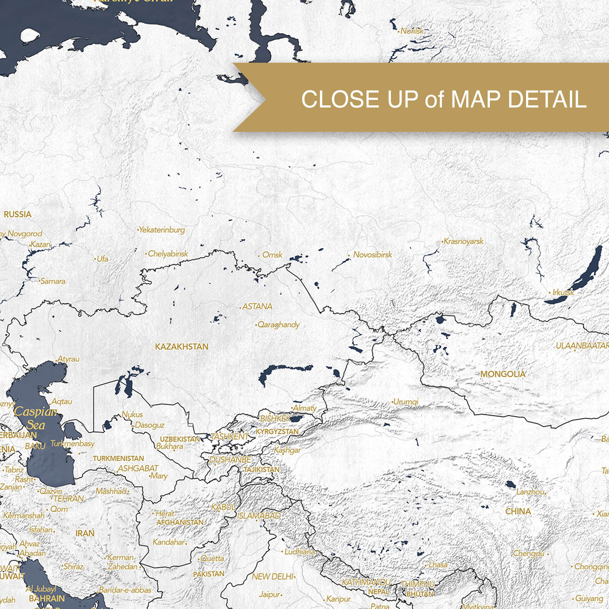 Close-up of a world map relief detail showing Russia, Kazakhstan, and parts of Central Asia.
