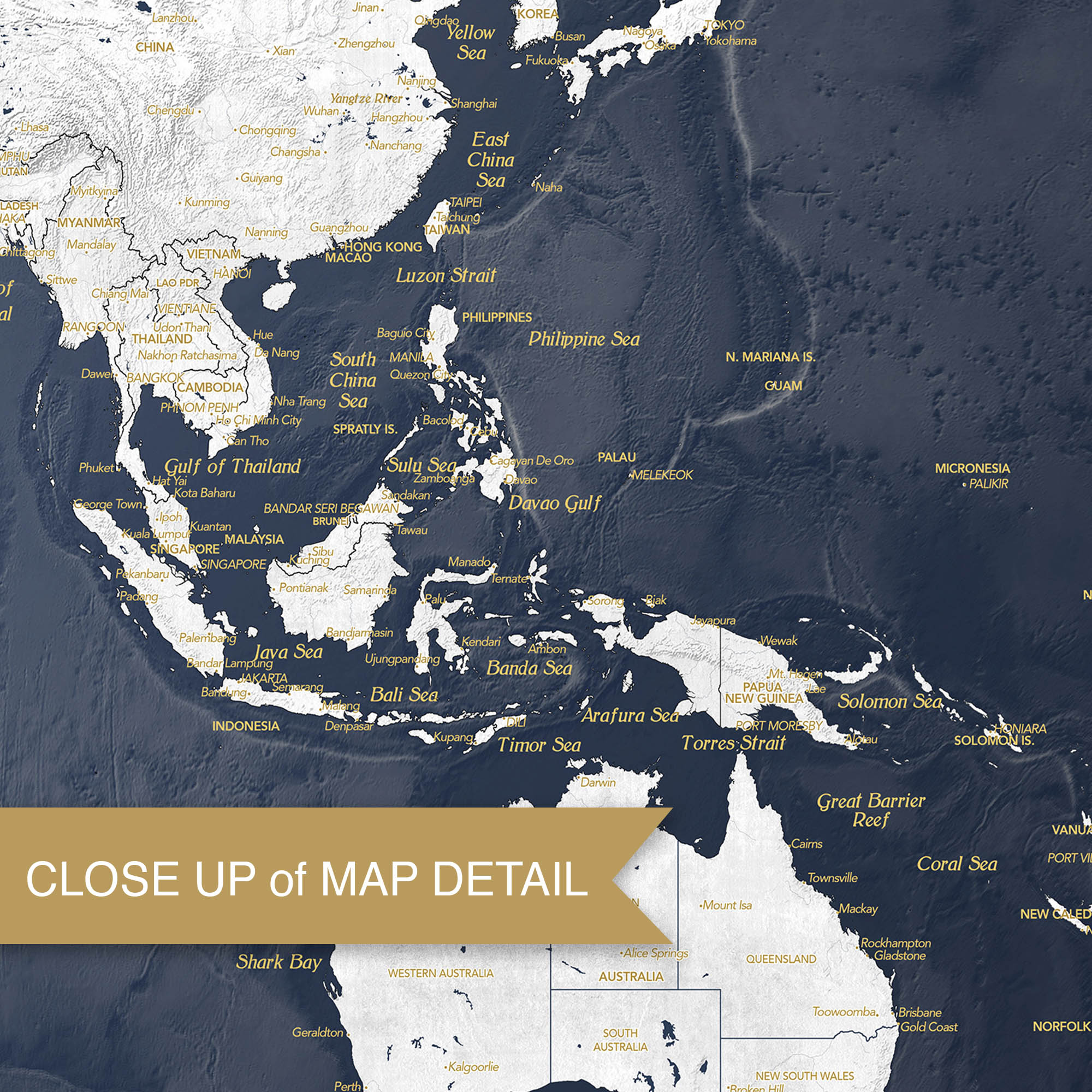 Close-up of a map detail showing Southeast Asia with labeled seas and countries.