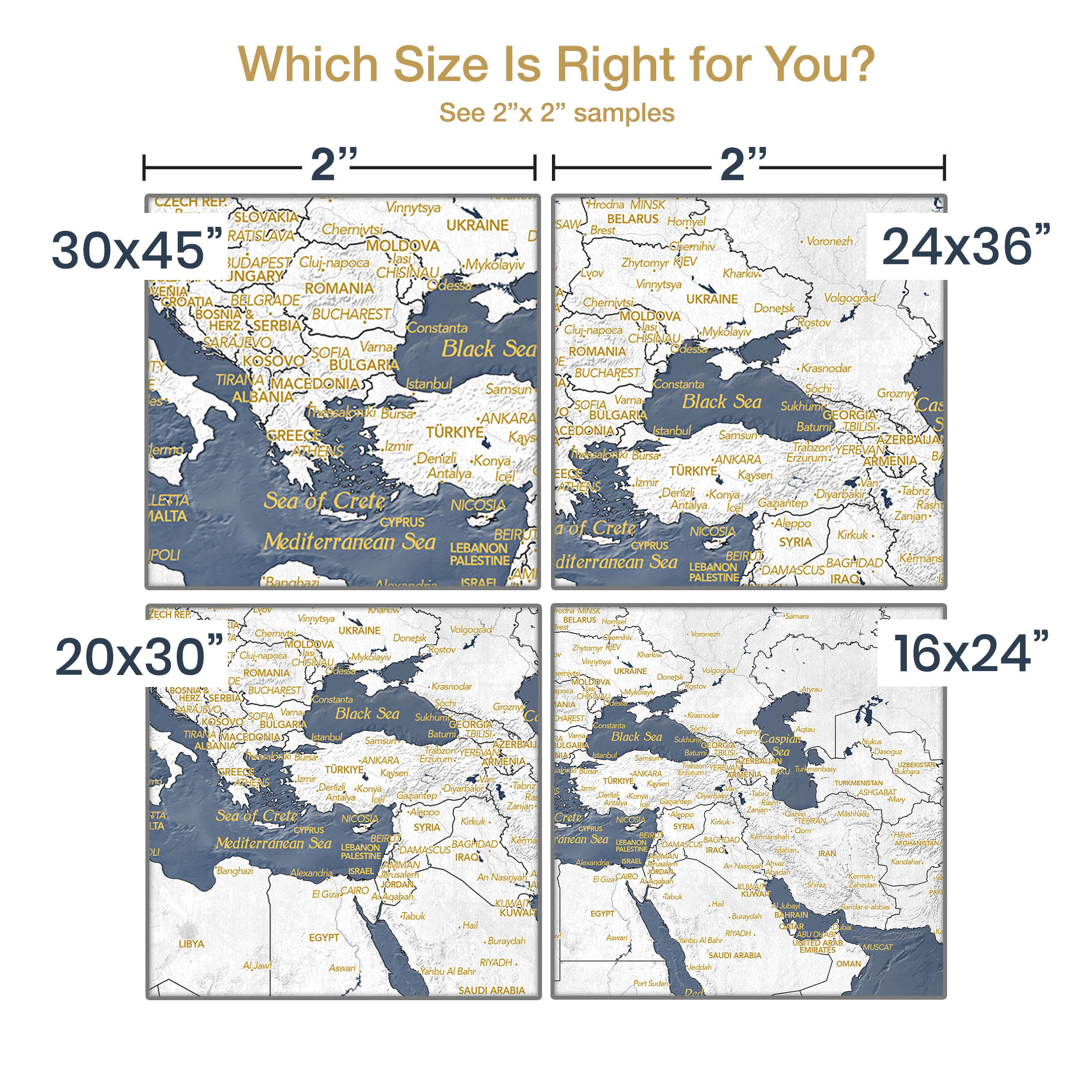 2" square areas of parts of Europe on a world map to show the comparative label sizing on the map, displayed on a white background