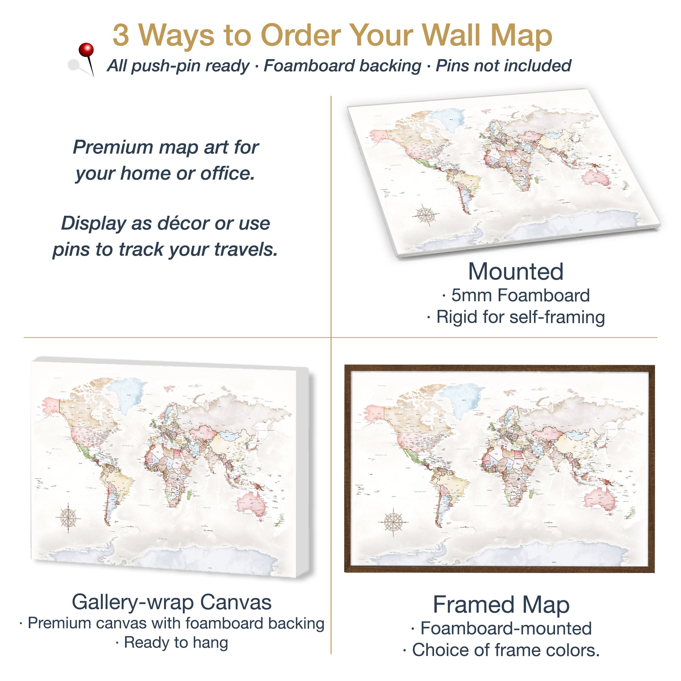 Three styles of pastel world anniversary travel map shown: mounted, gallery-wrap canvas, and framed version.