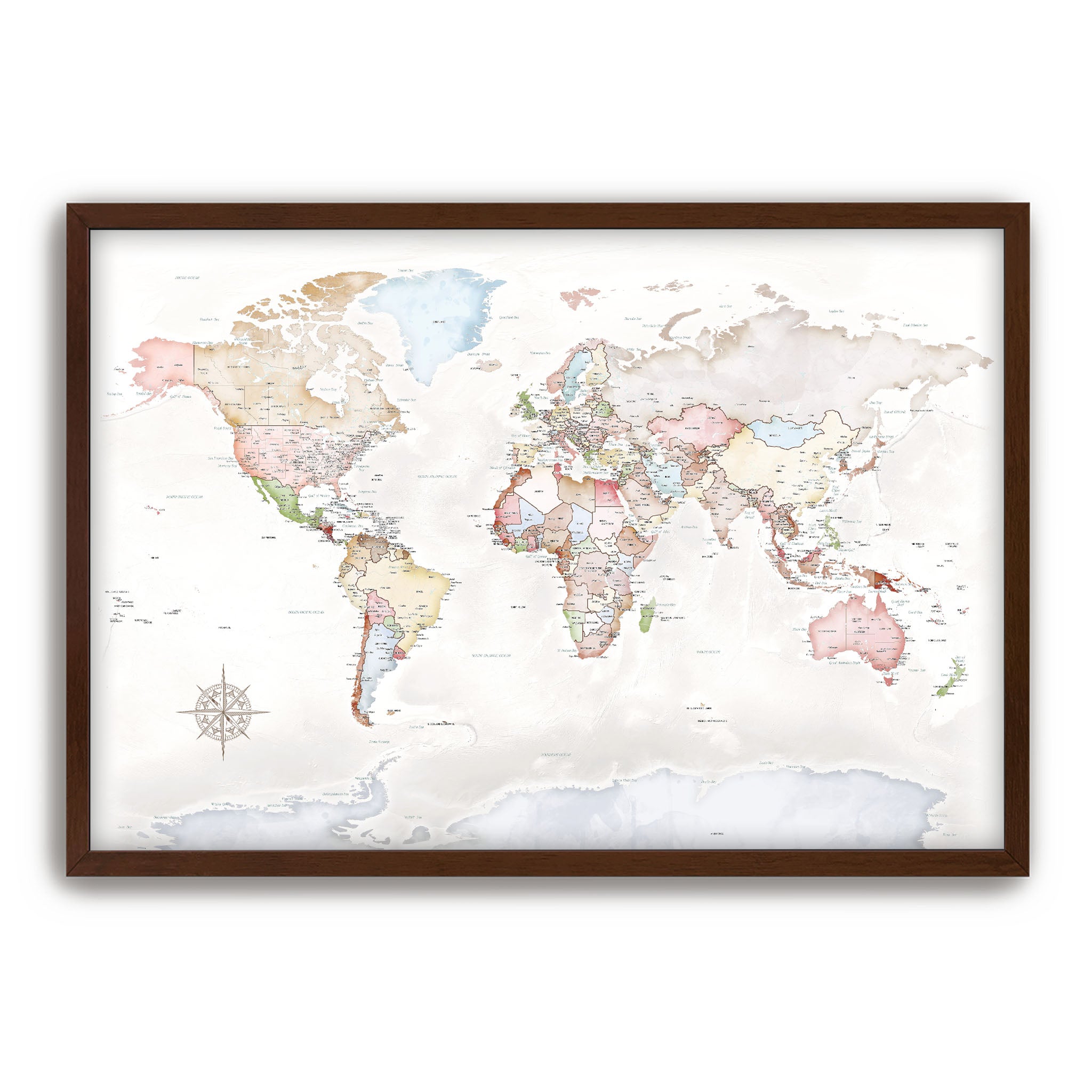 Personalized pastel world anniversary map in espresso frame with custom names and date.