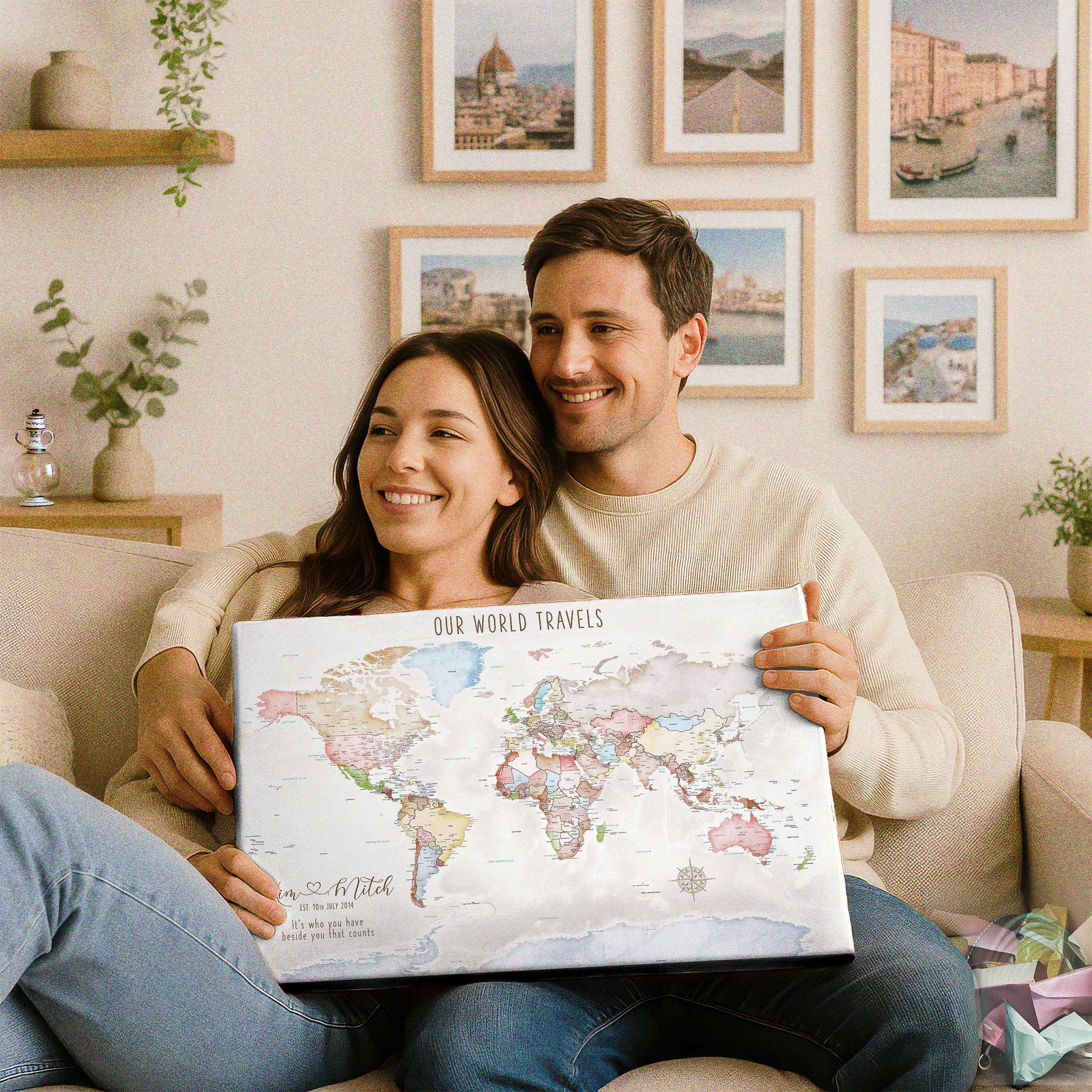 Couple holding personalized pastel anniversary world map canvas in living room setting.