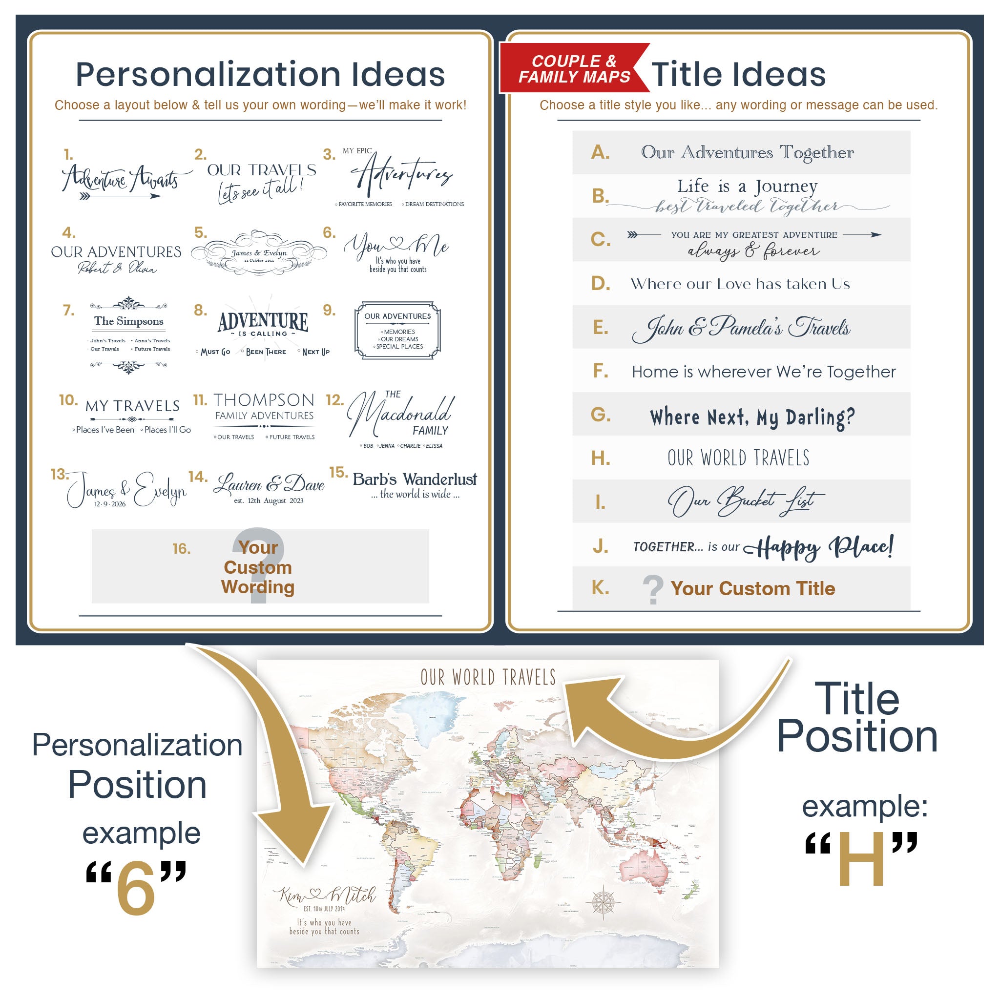 Detail view of name and date personalization on pastel anniversary travel map.