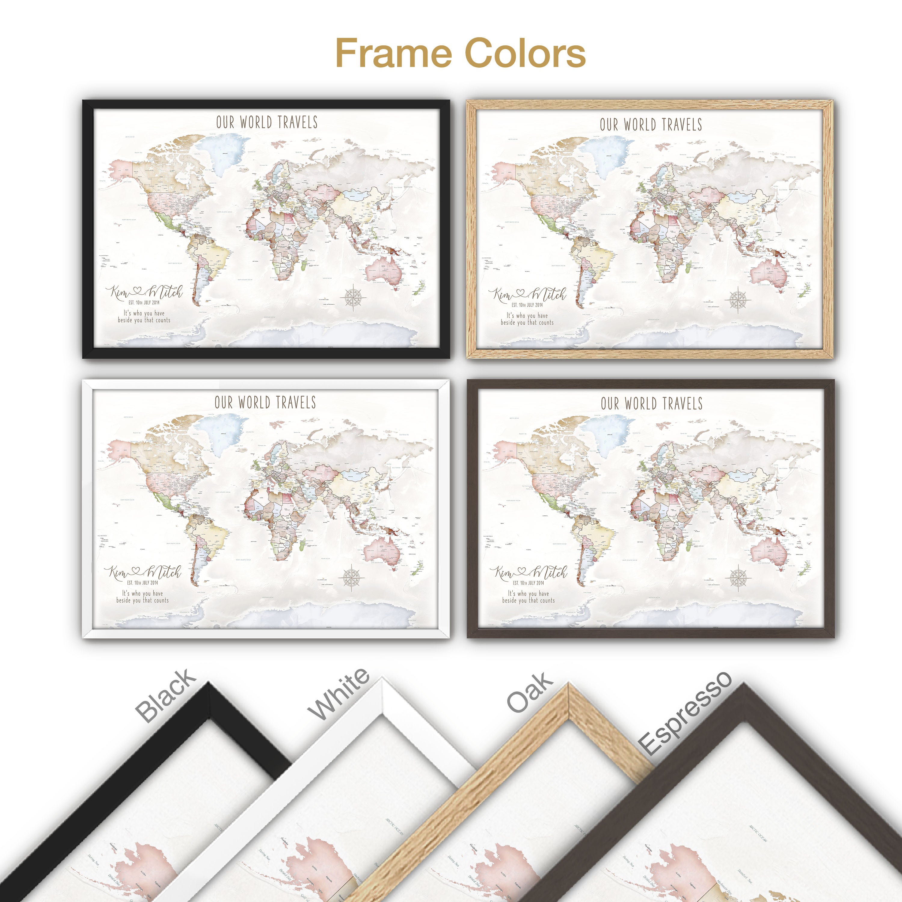 Composite display of pastel anniversary world map in multiple frame color options.
