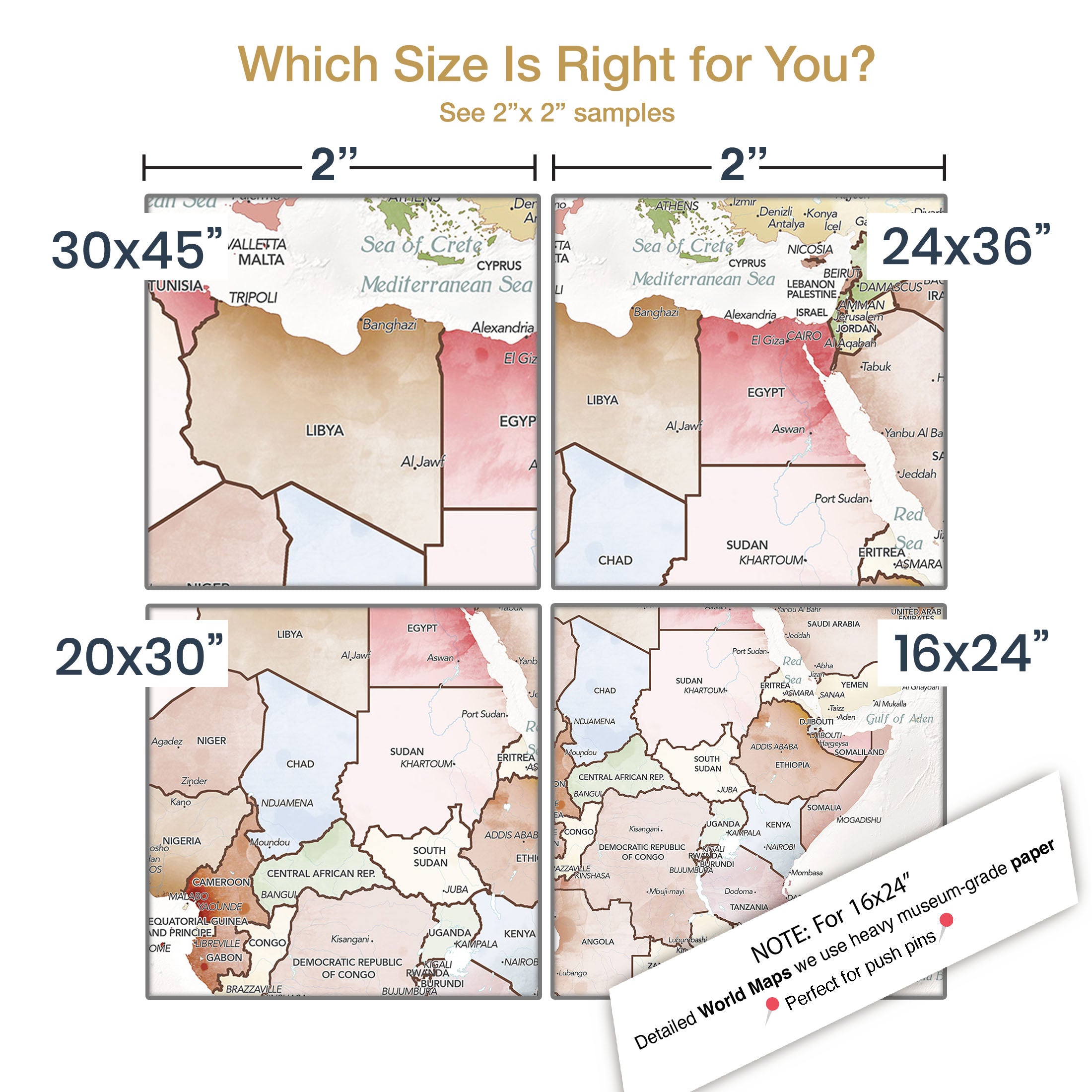 Size comparison guide for pastel world anniversary map wall art.