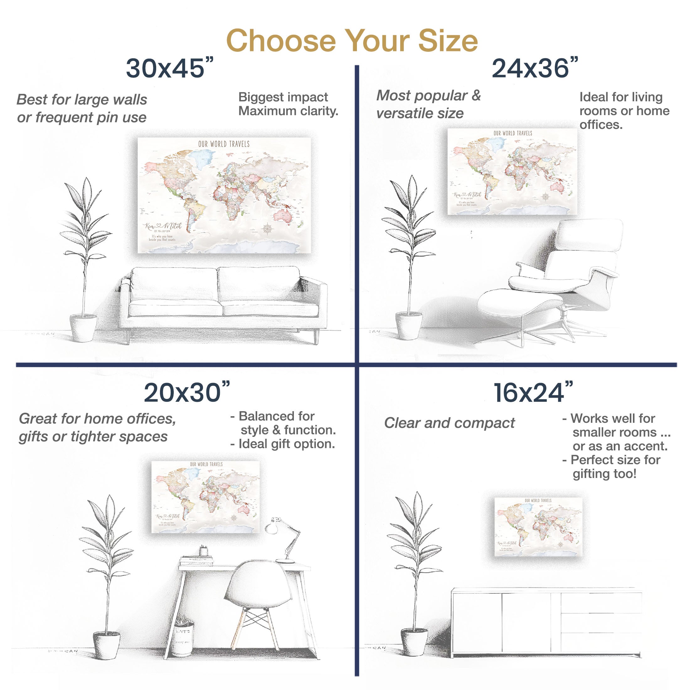 Second size guide showing pastel anniversary world map in multiple dimensions.