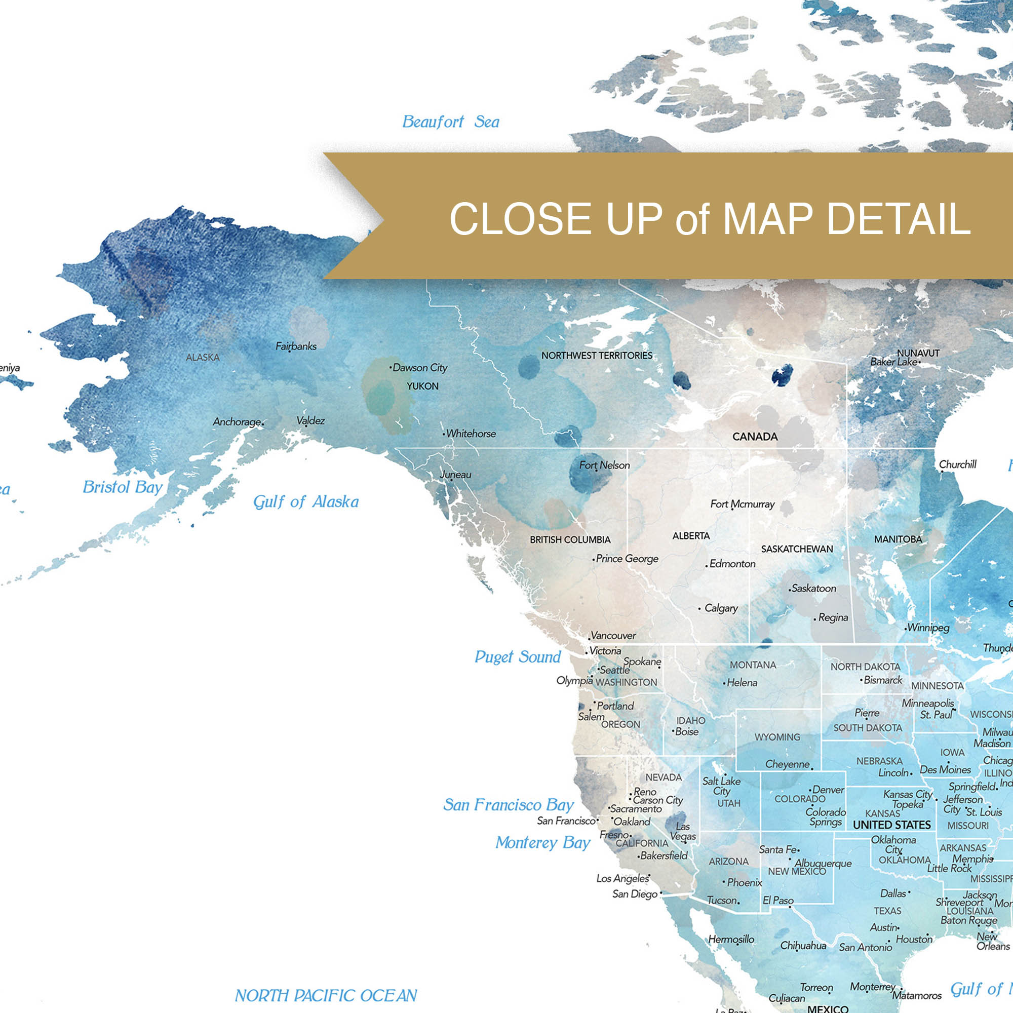 Close-up of a world map detail showing the United States and Canada with a focus on Alaska.