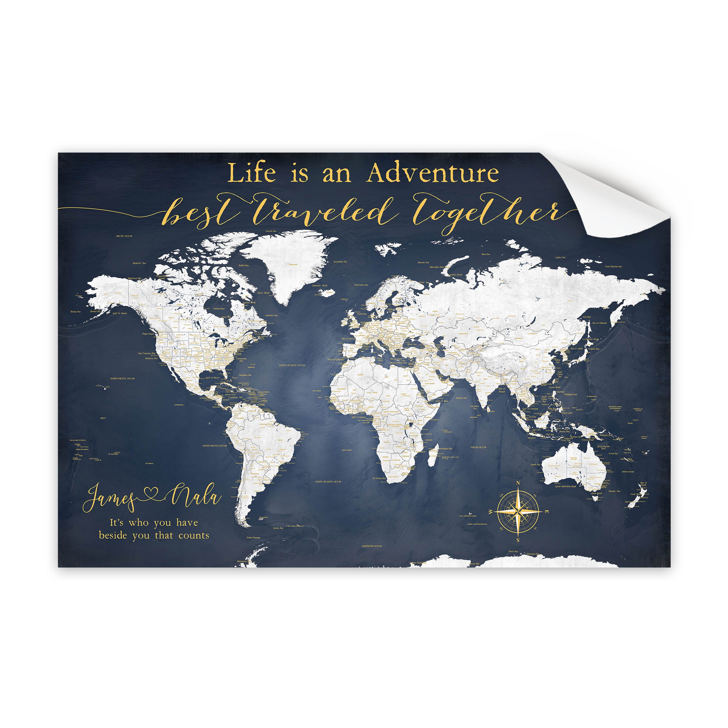 World map with text 'Life is an adventure best traveled together' on a blue background