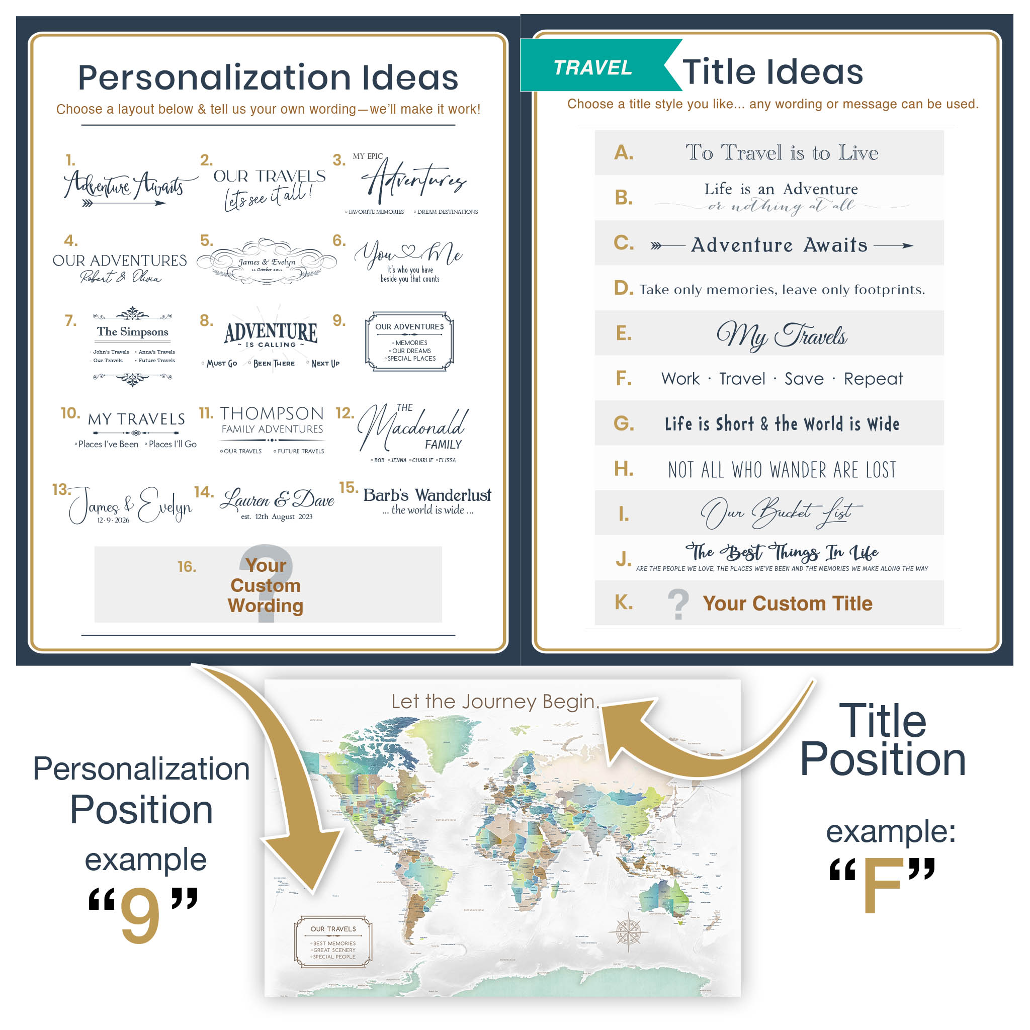 Personalization example on Ocean Hues world map poster print