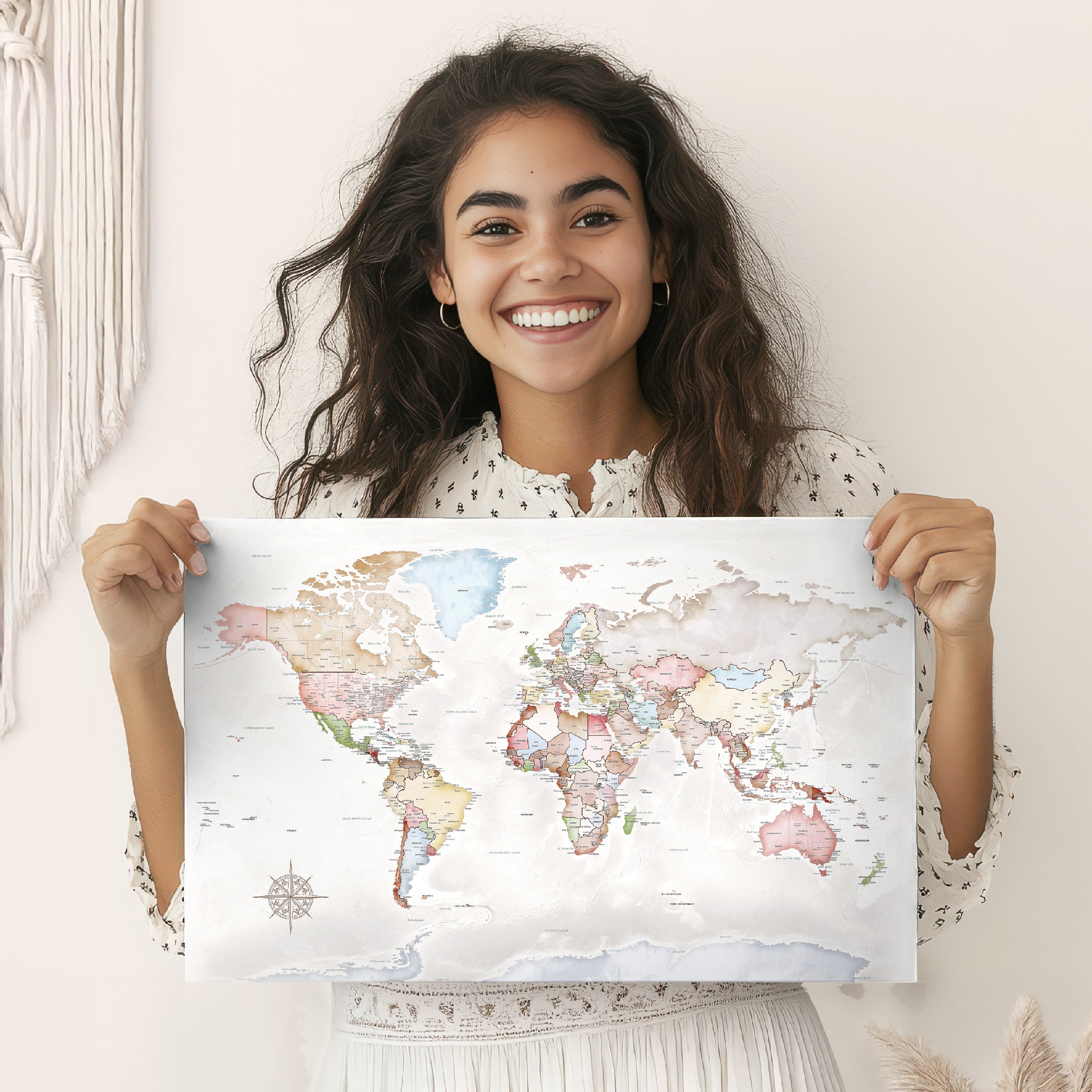 Pastel World Map Poster – Held by Smiling Woman