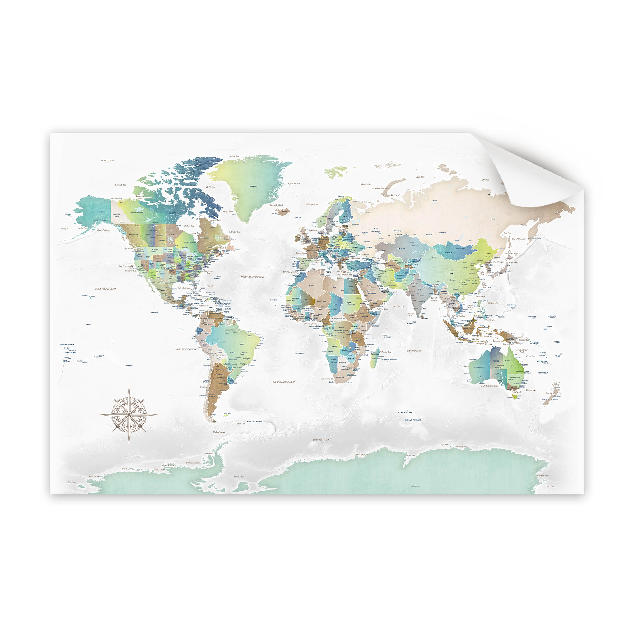 Full hero view of Ocean Hues world map poster in unframed format