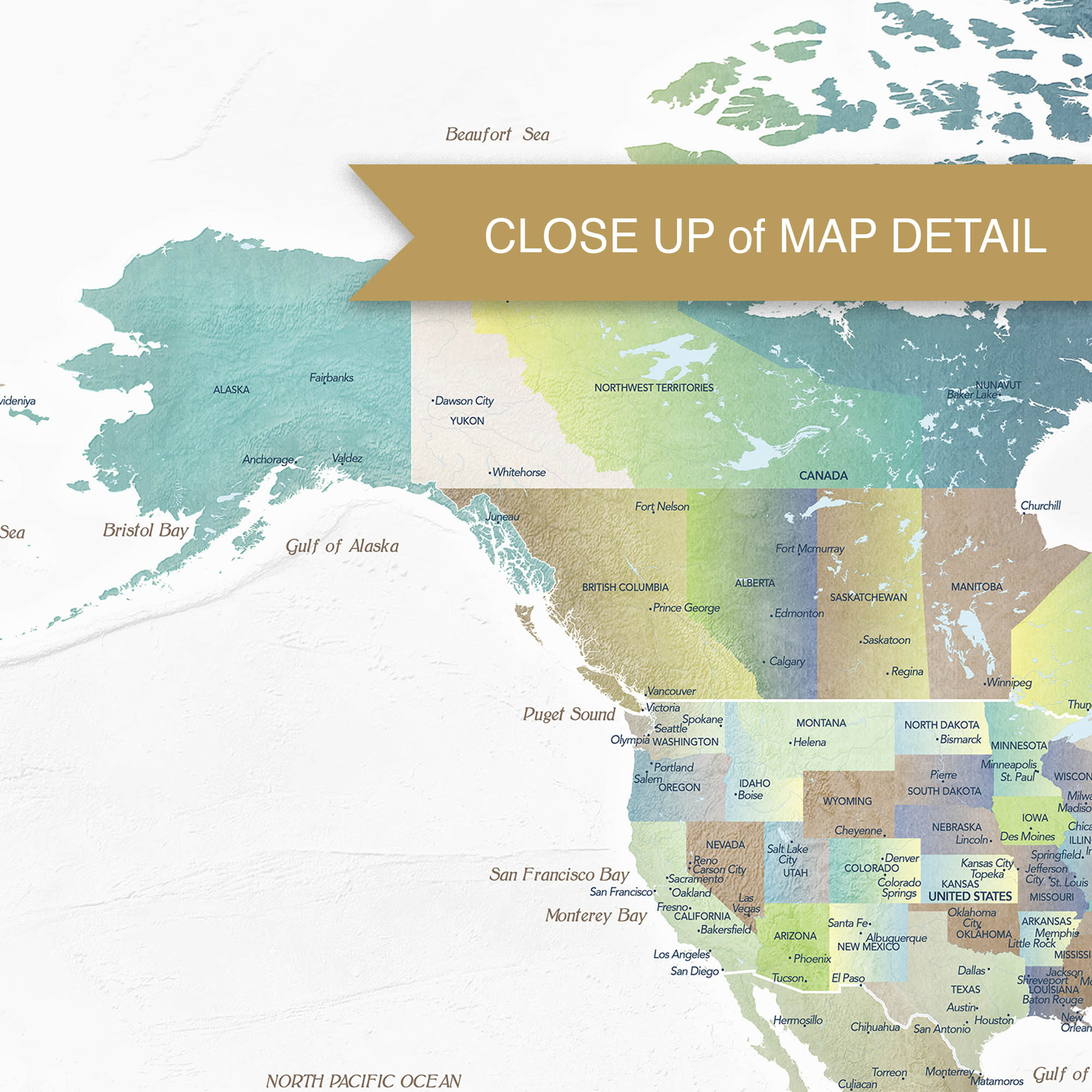 Close-up of map details on Ocean Hues world map fine art print