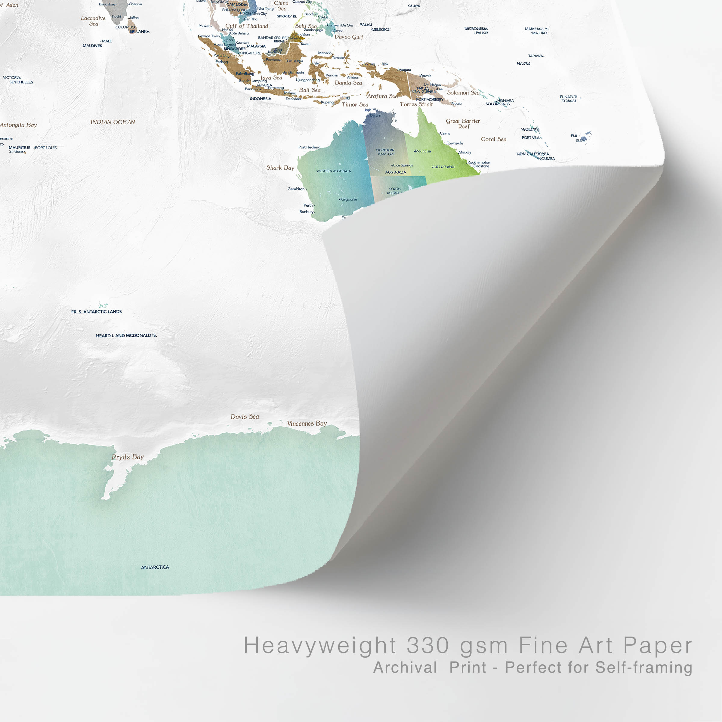 Detailed corner section of Ocean Hues world map poster print