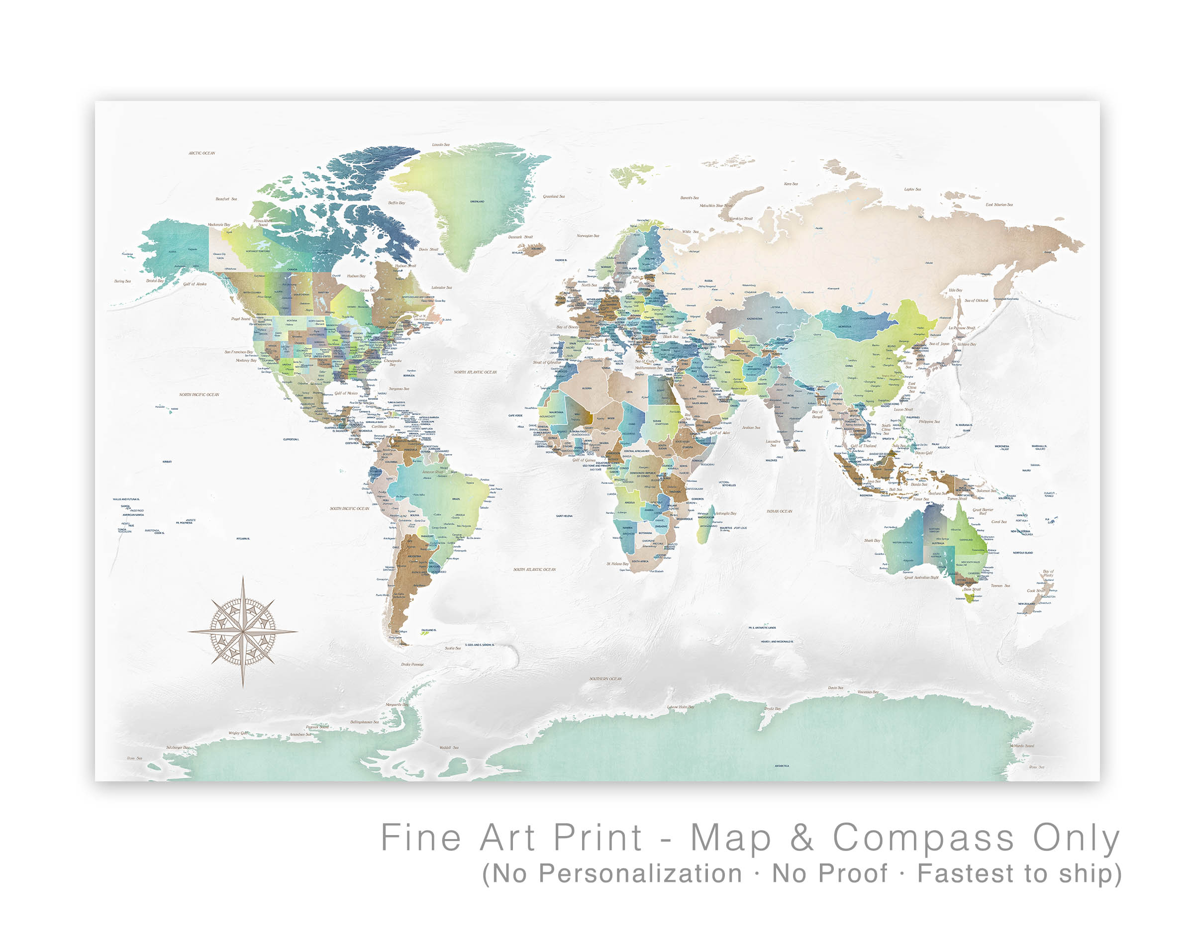 World map poster preview with map and compass only