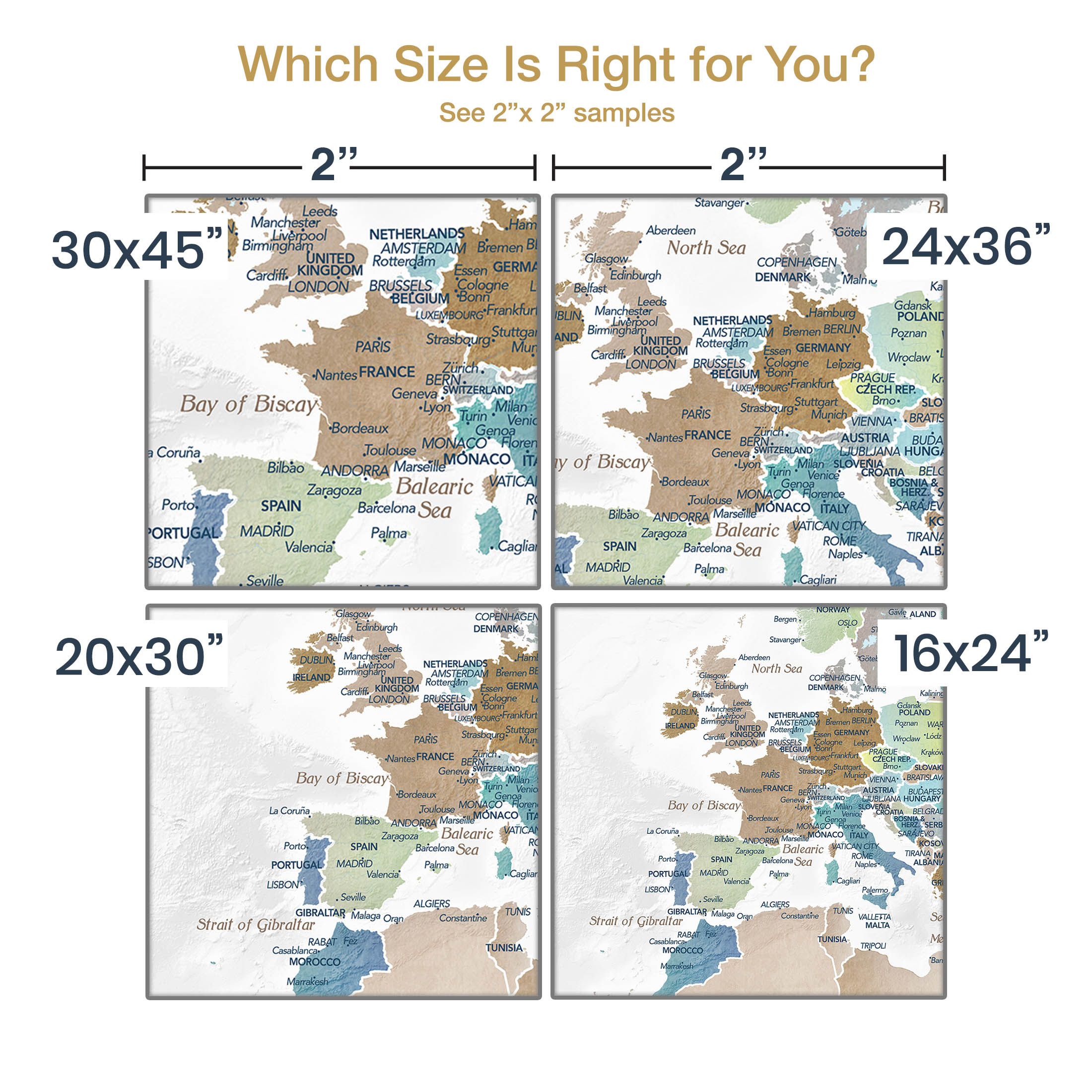 Europe Map section of world map with size options displayed