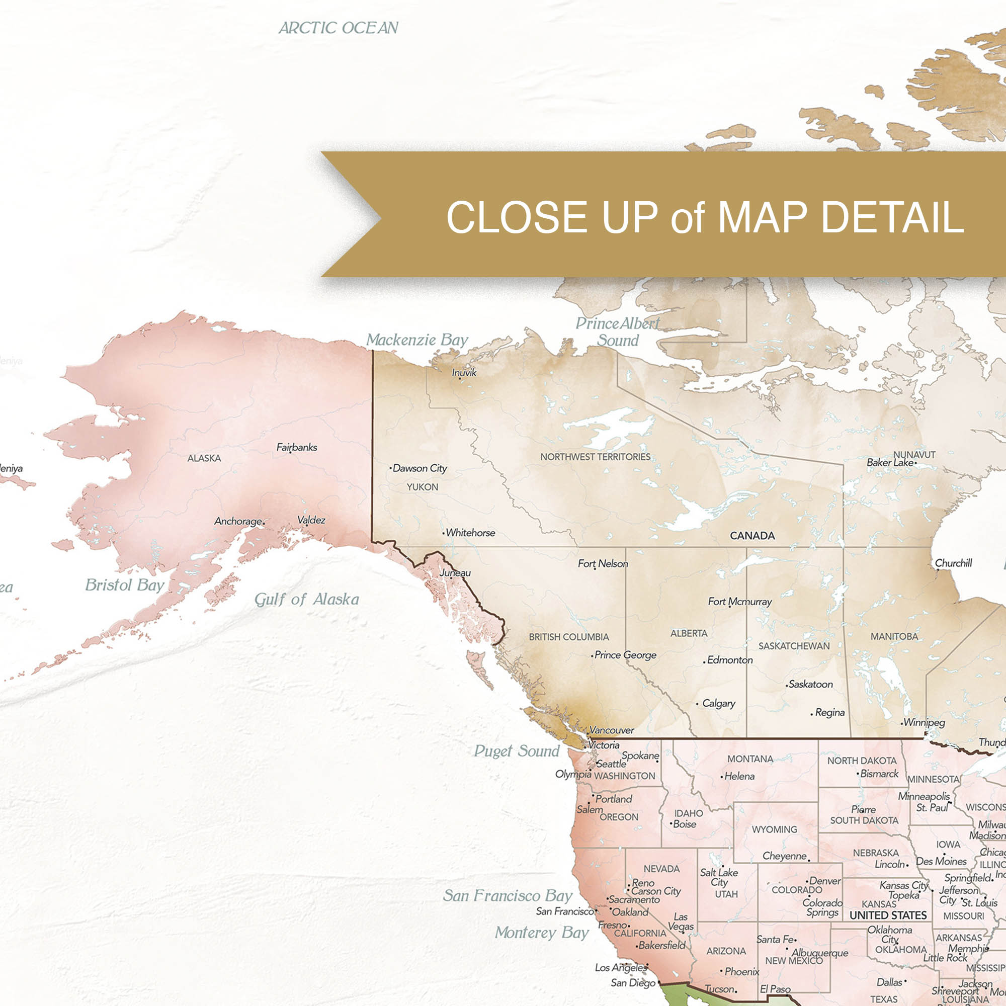 World Map Poster – Pastel Edition Close-Up of North America Region