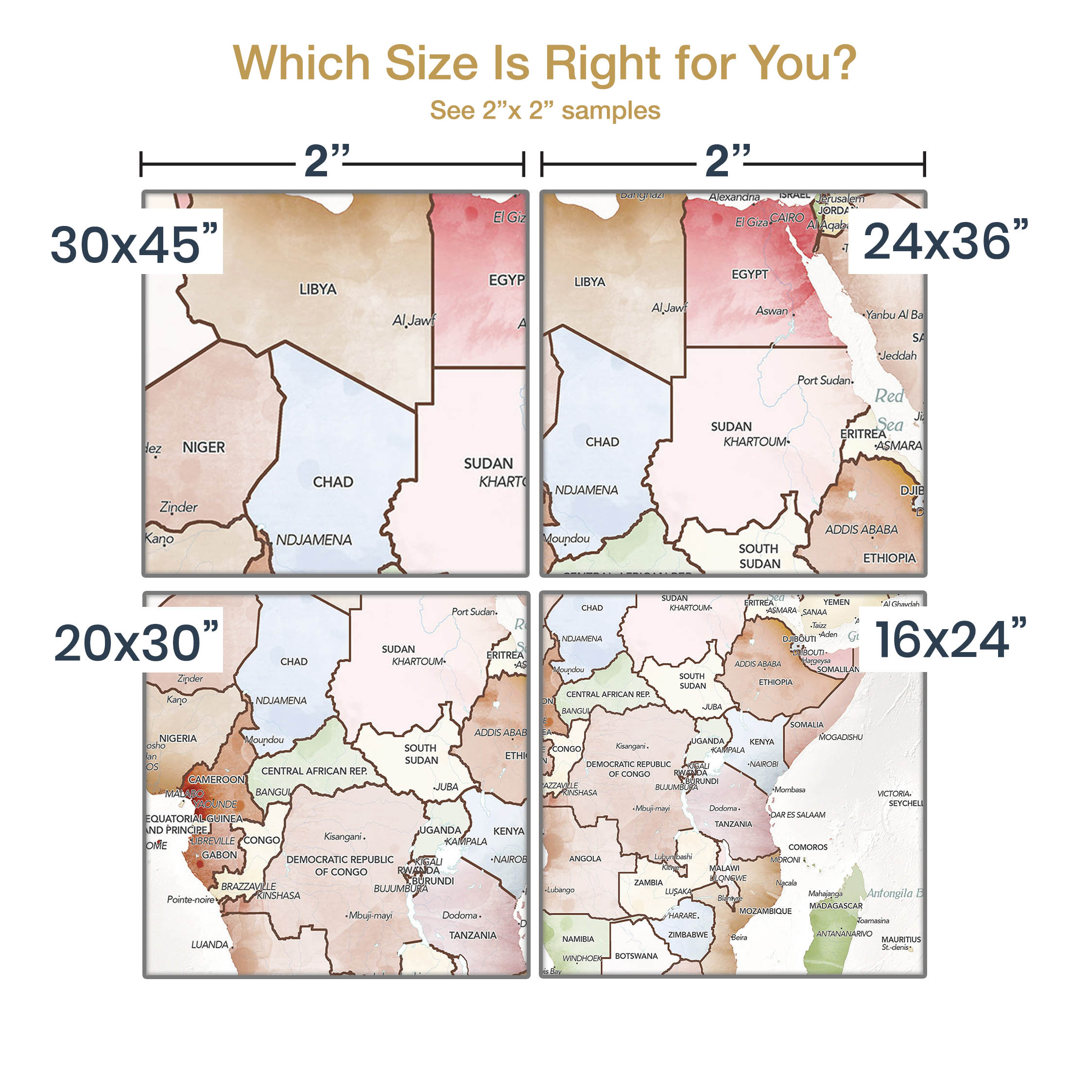 Pastel World Map Poster – Size Comparison Across Print Dimensions