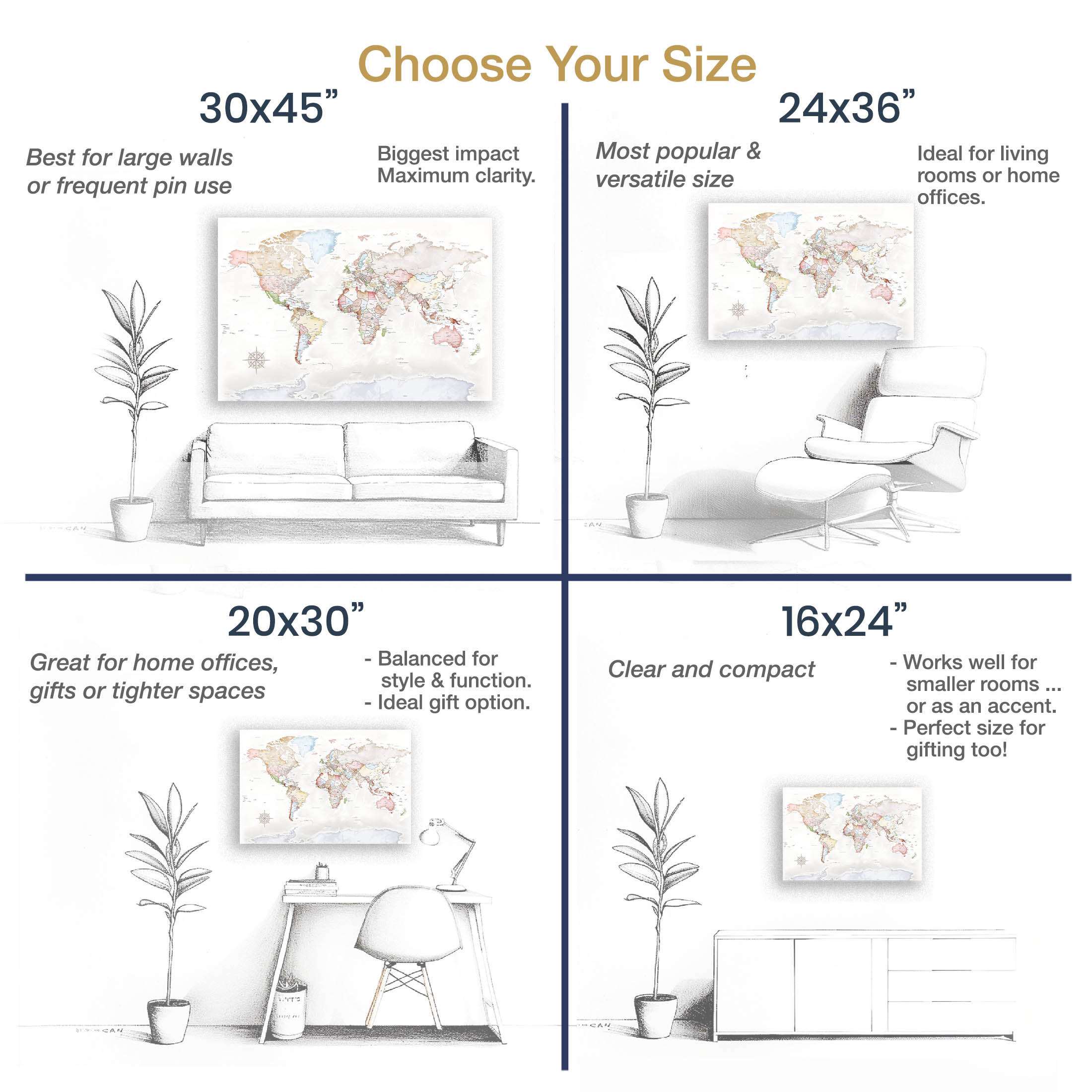 Pastel World Map Poster – Visual Size Guide with furniture