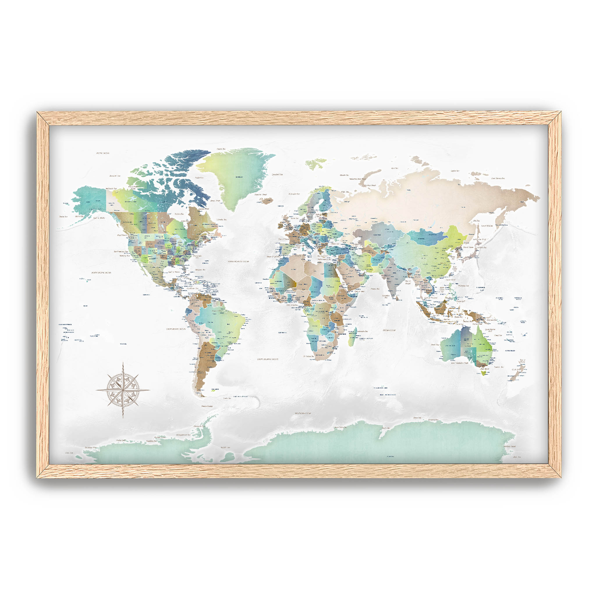 Framed world retirement map gift in oak finish