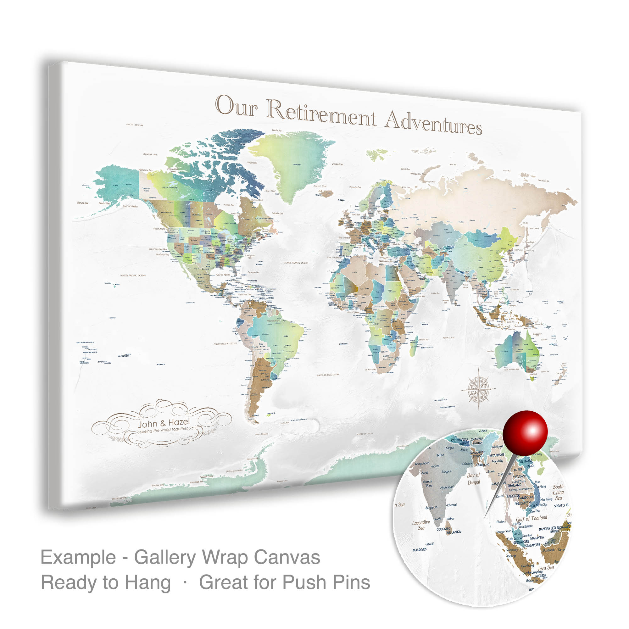 Gallery wrapped world retirement map gift in cool ocean style