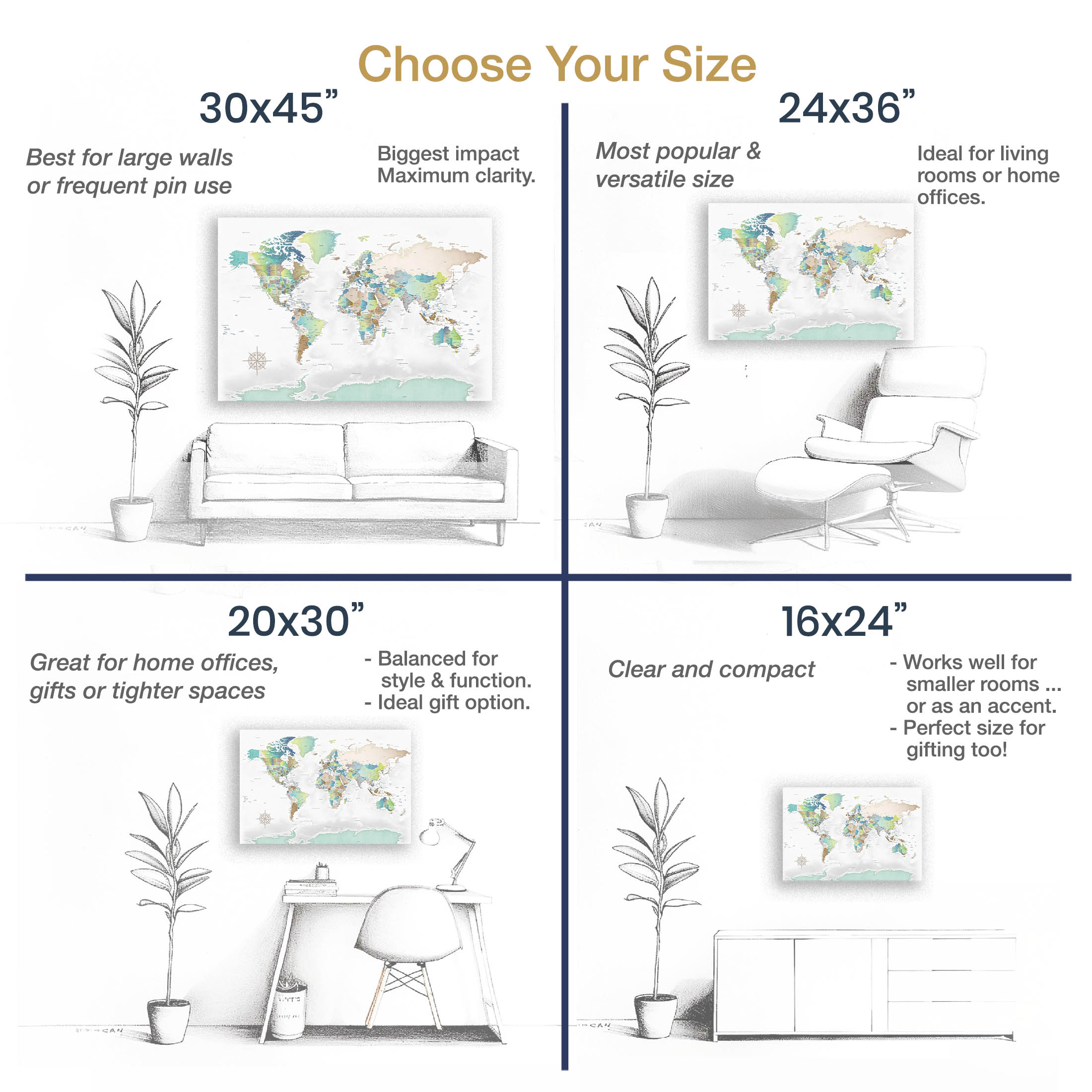 Size guide for world travel retirement map gift