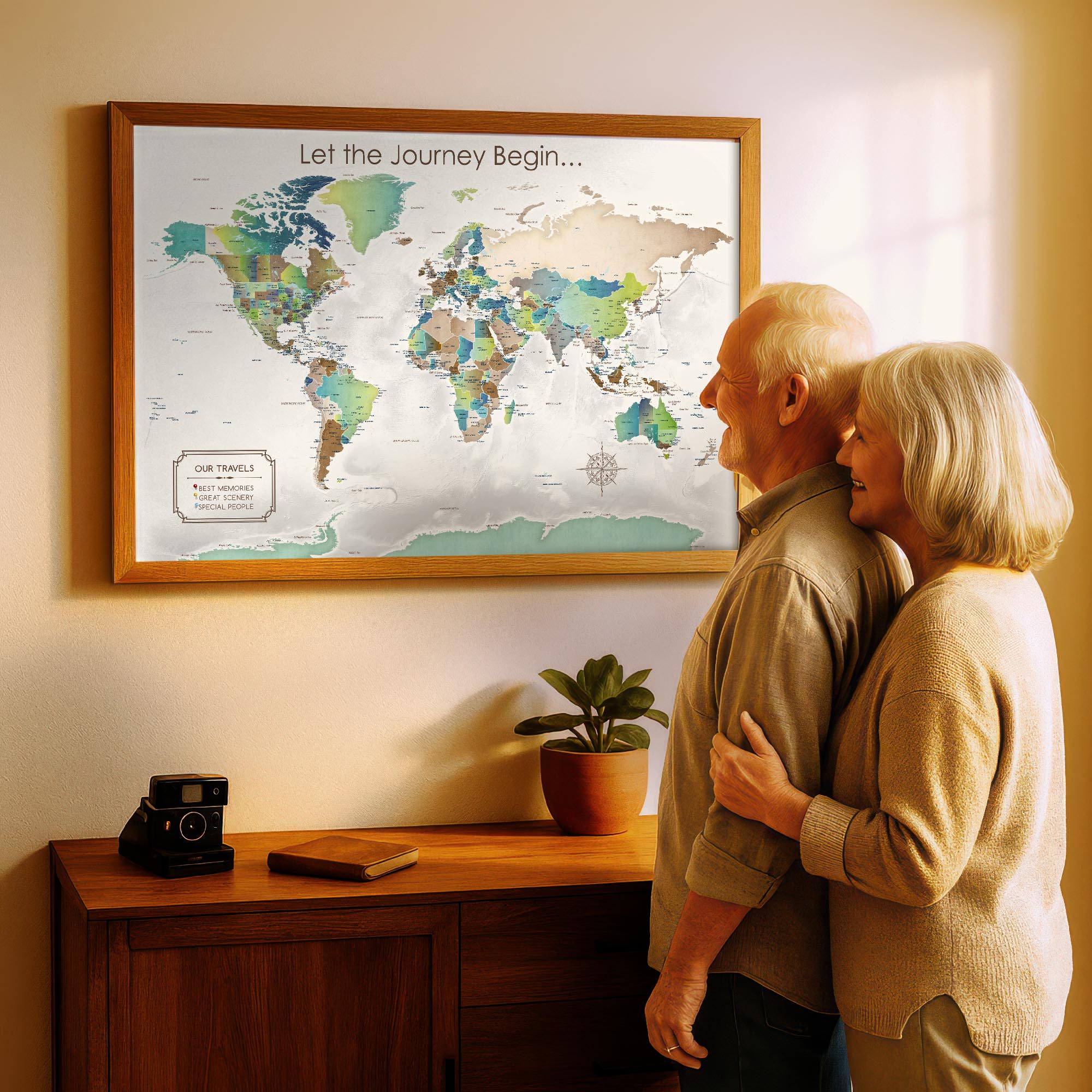 Retired couple admiring personalized world travel map on display