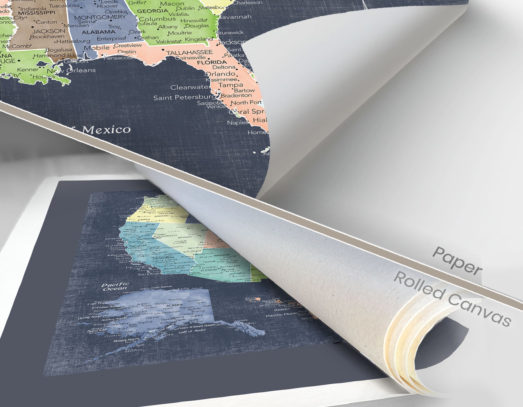 Detailed USa map shown on paper and rolled canvas to compare