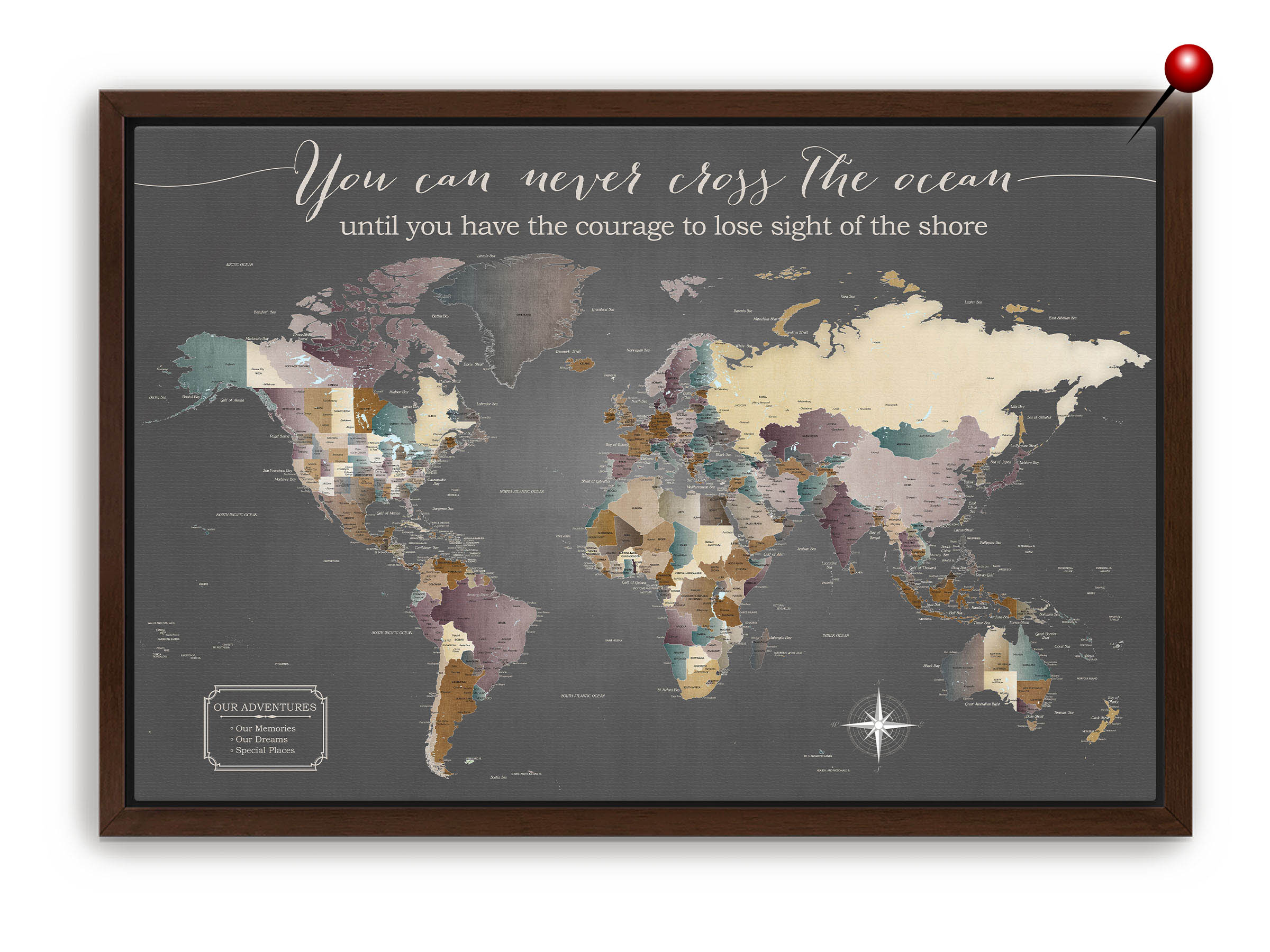 CANVAS PUSH PIN WORLD MAP with espresso frame on white background by HappyPlaceMap