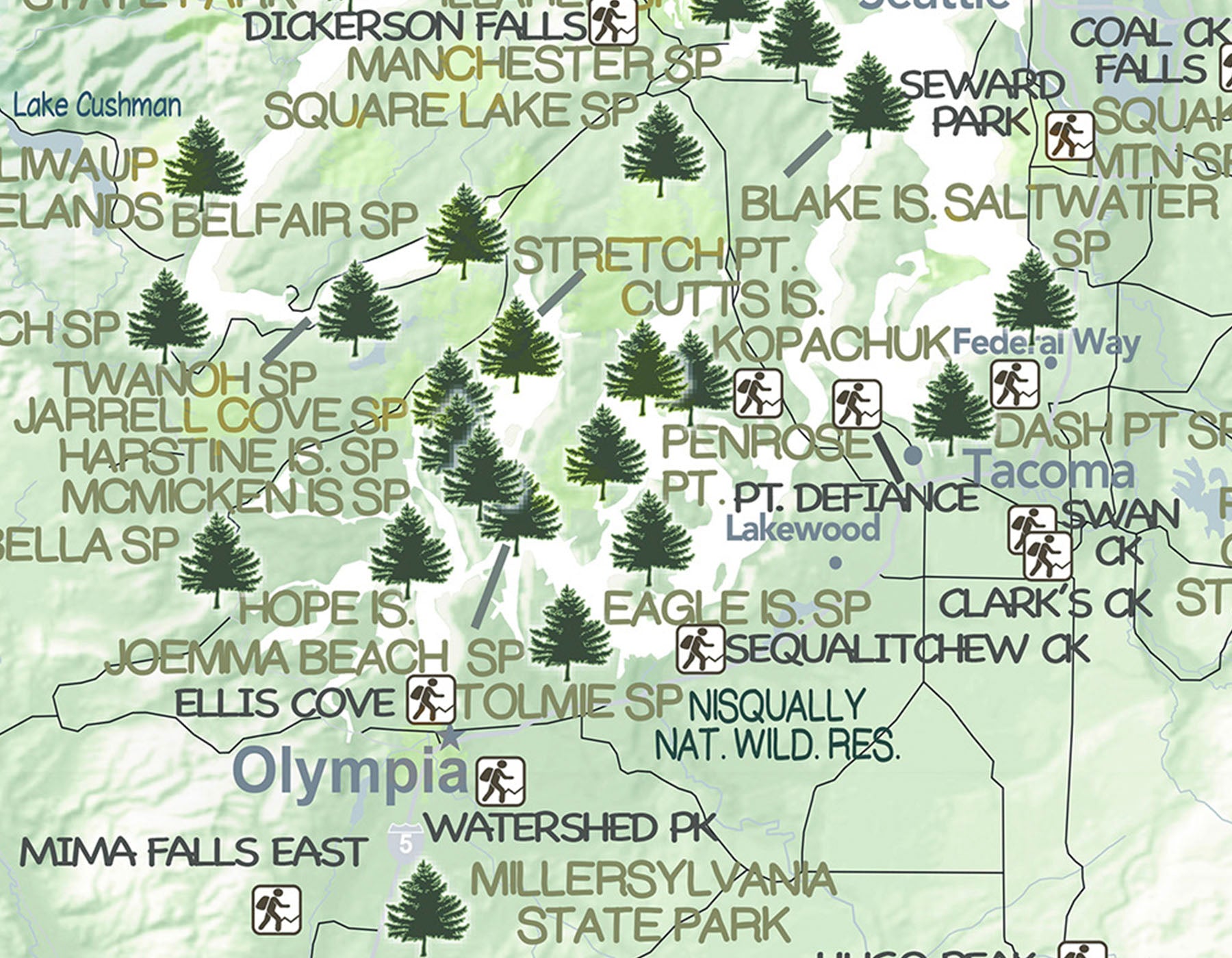 Washington State Parks Map with Hiking Trails - Relief Map