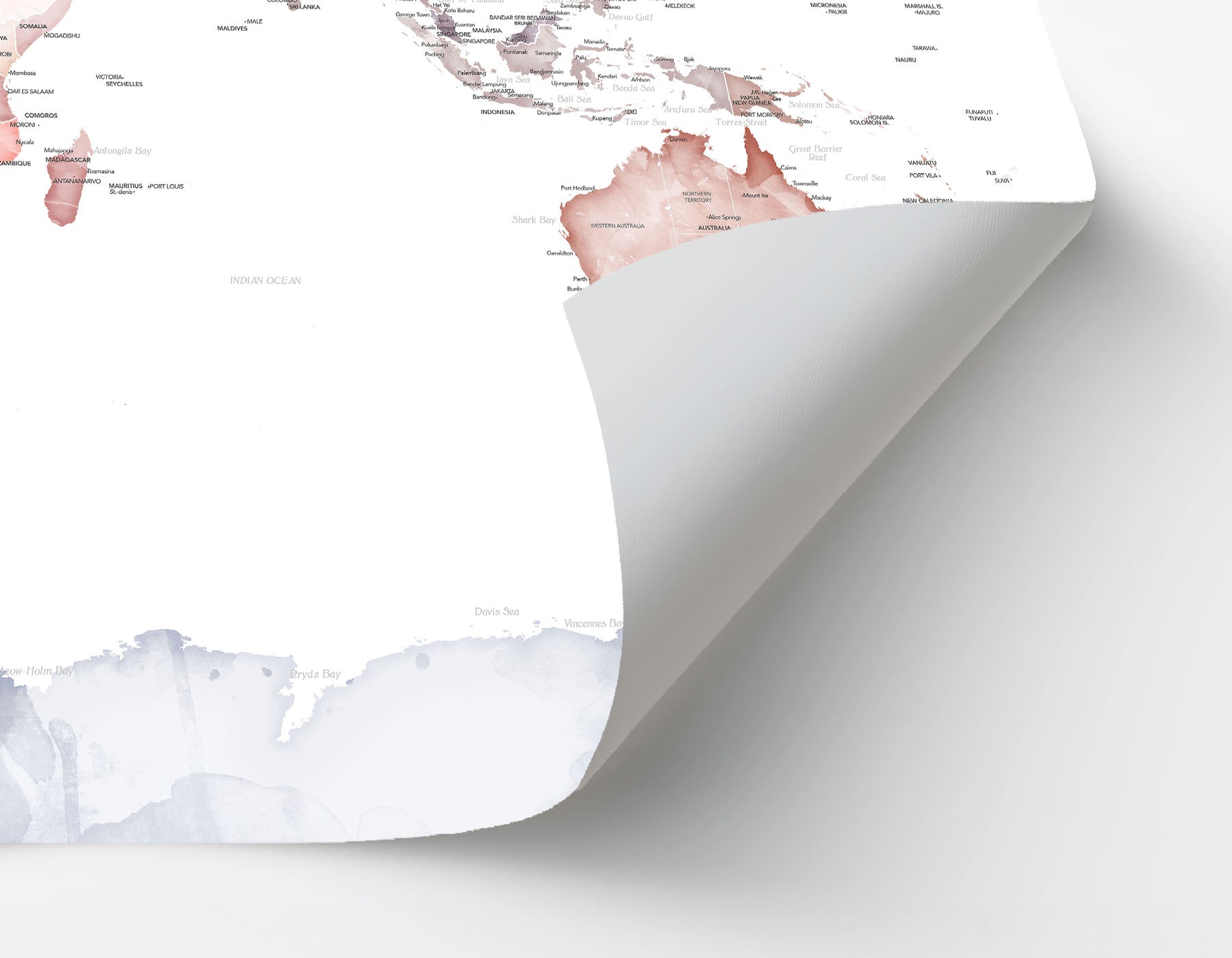 Detailed World Map showing thick paper by lifting corner