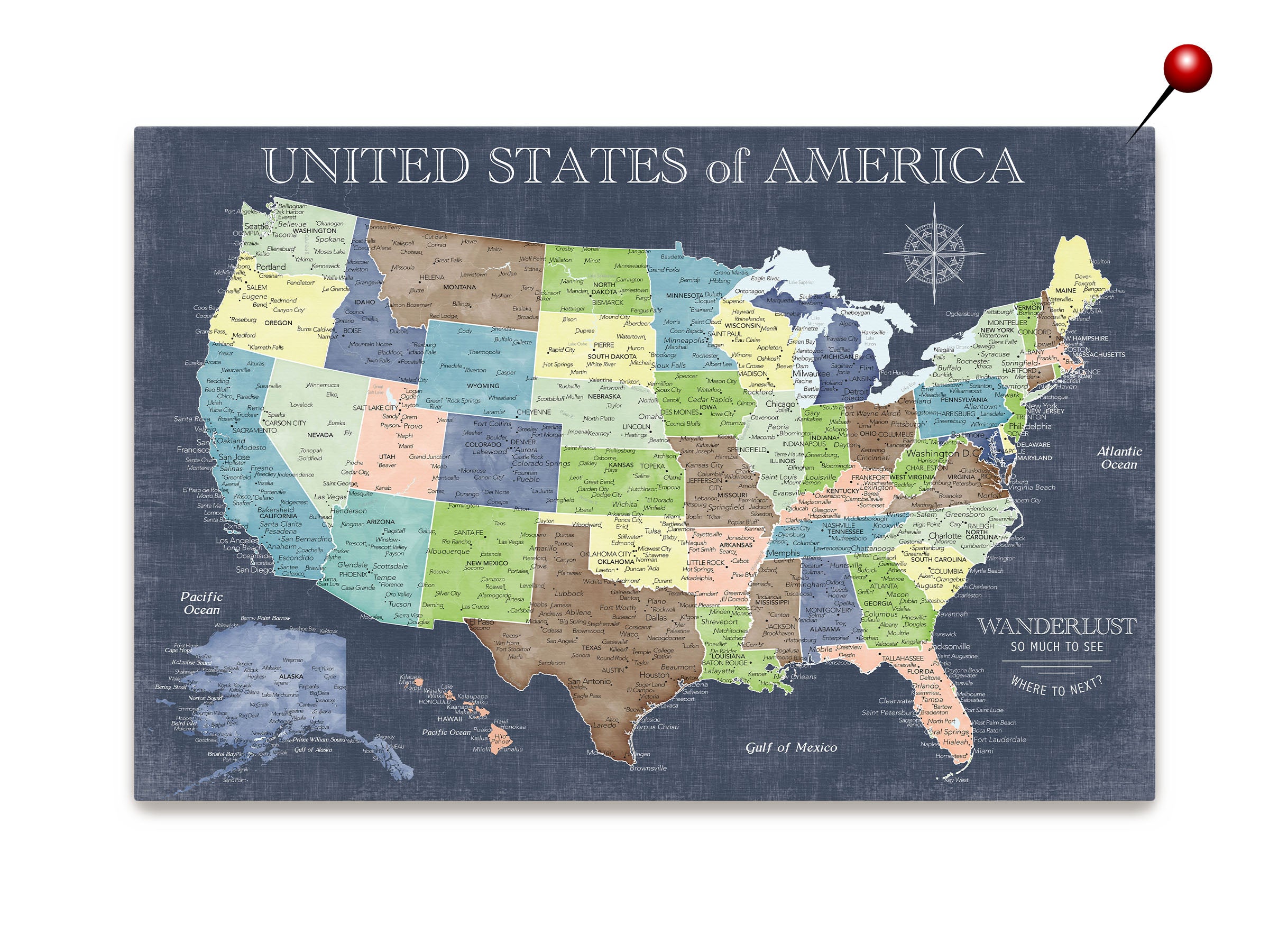 Push Pin Map USA with States & Cities - Wanderlust Motif on white background