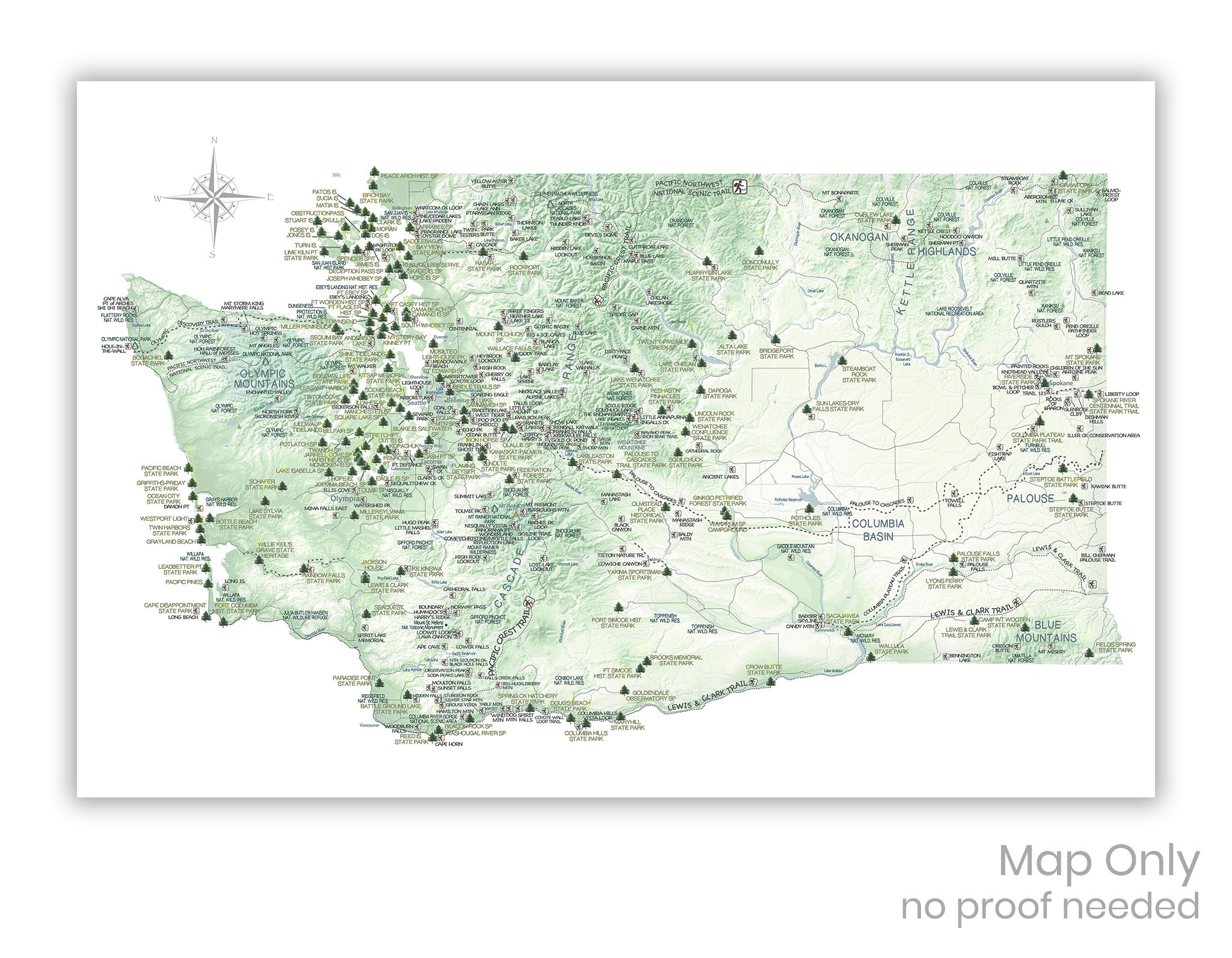 Washington State Parks Map with Hiking Trails - Relief Map