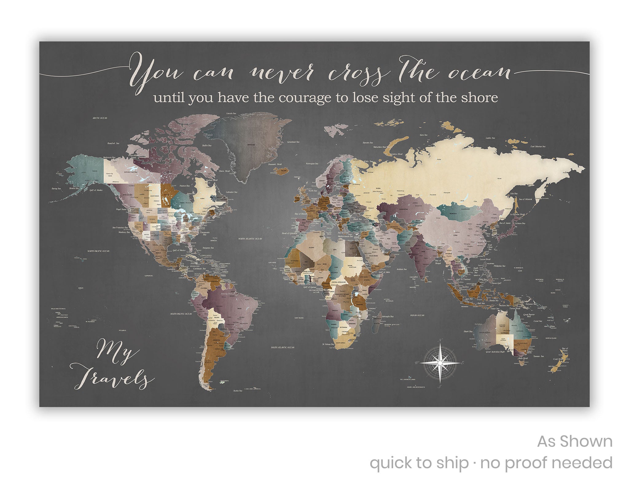 World Map Travel Poster with Neutral Jewel Colors