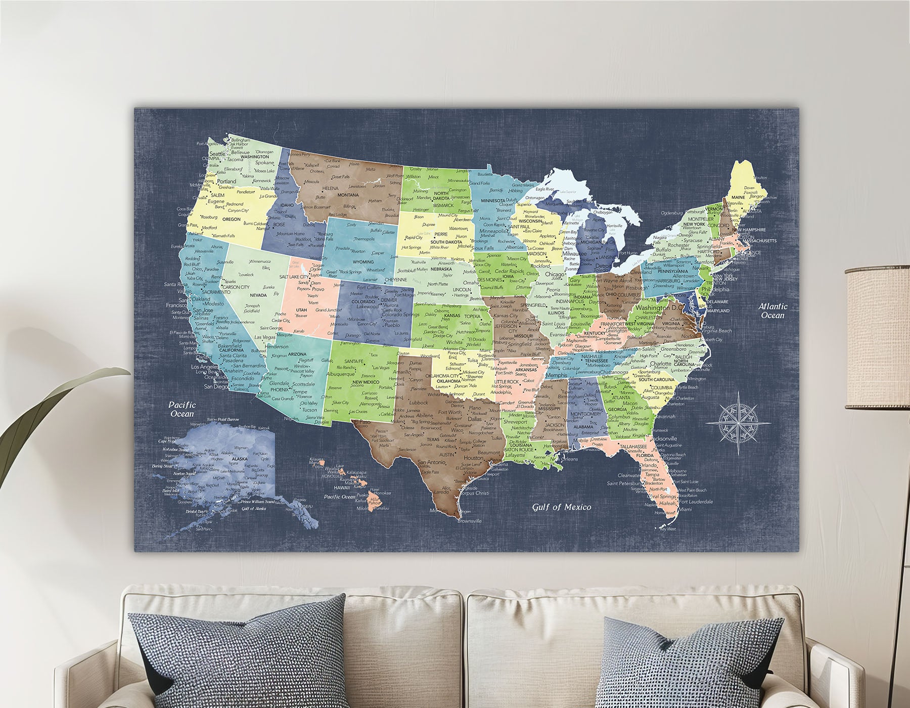 Large detailed USA map with major cities, colorful US states having over a sofa