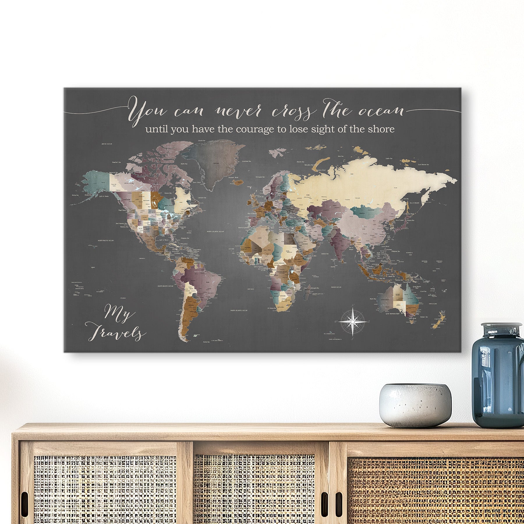 World Map Travel Poster with Neutral Jewel Colors