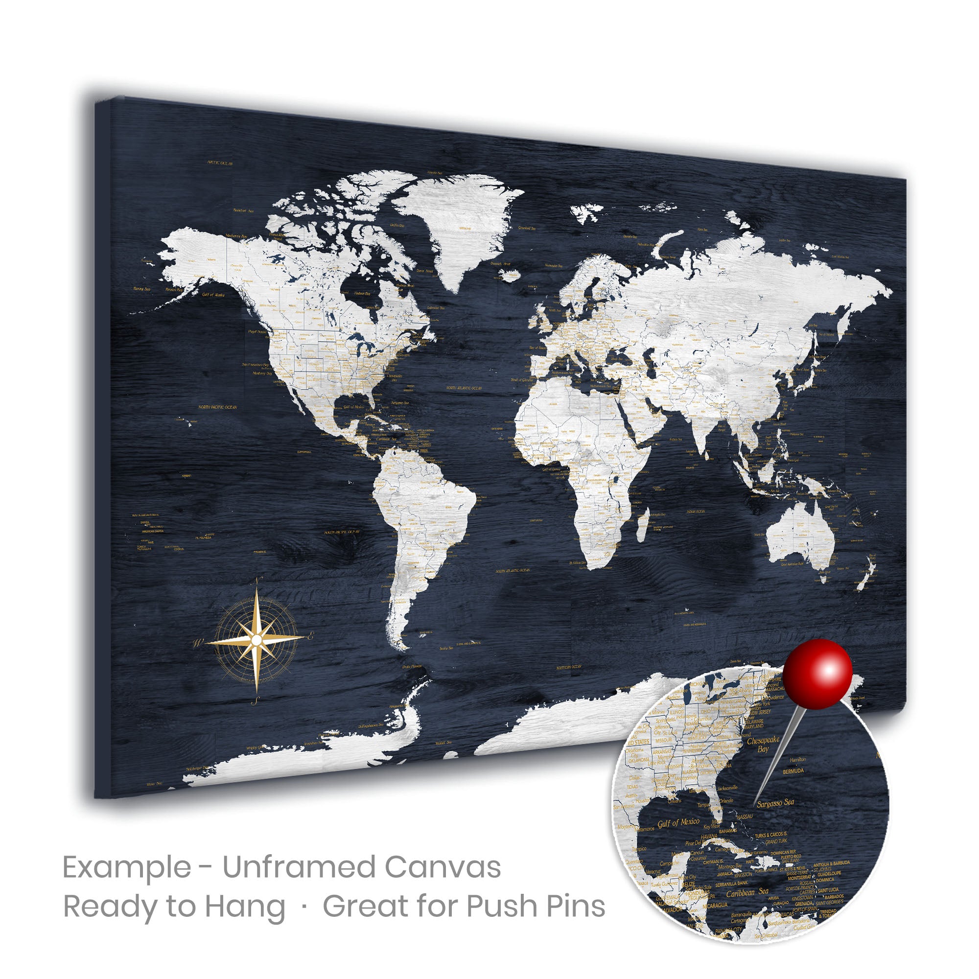 Framed Canvas Push Pin World Map with Personalization - Navy