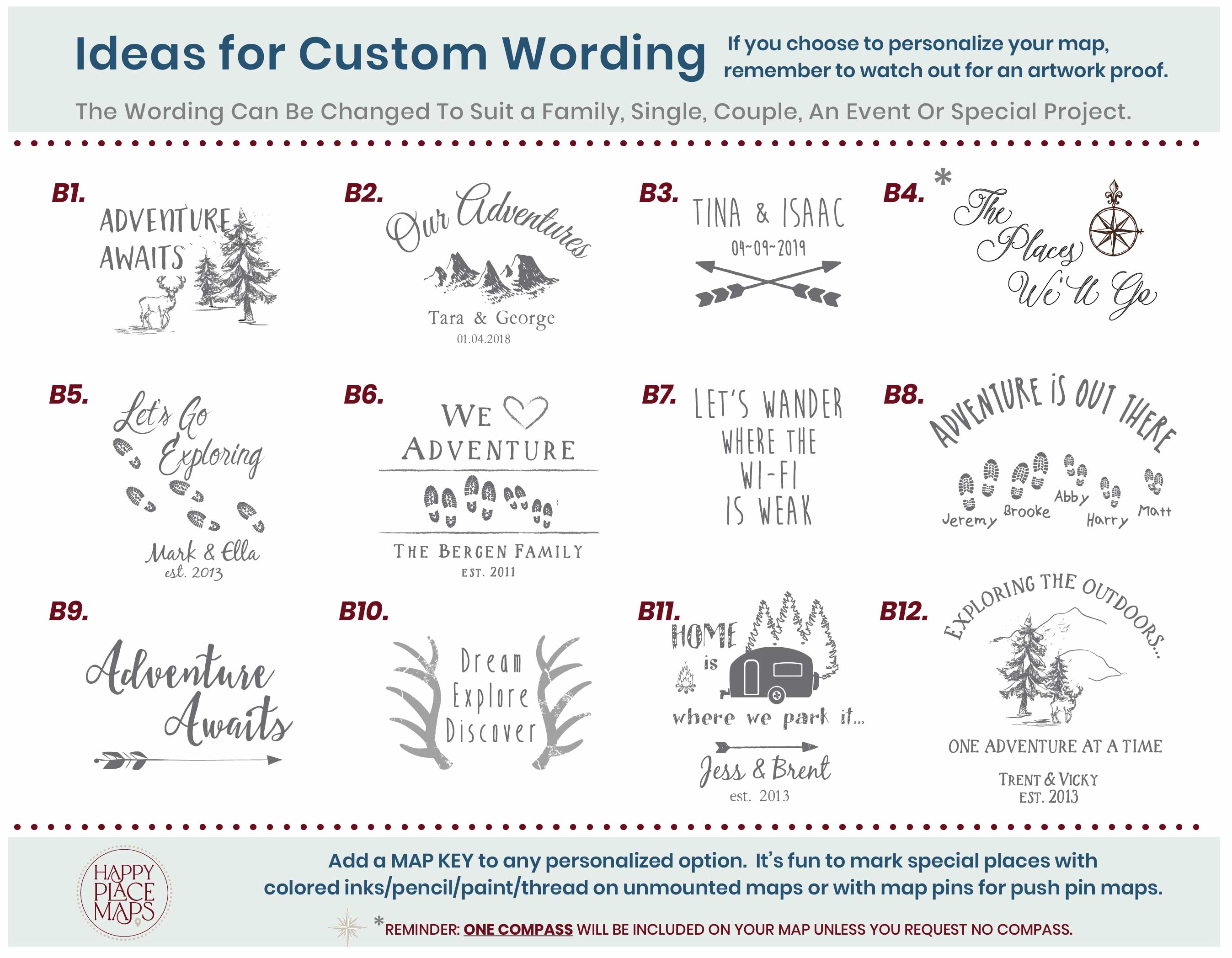 Personalization wording options for hiking trails and parks maps