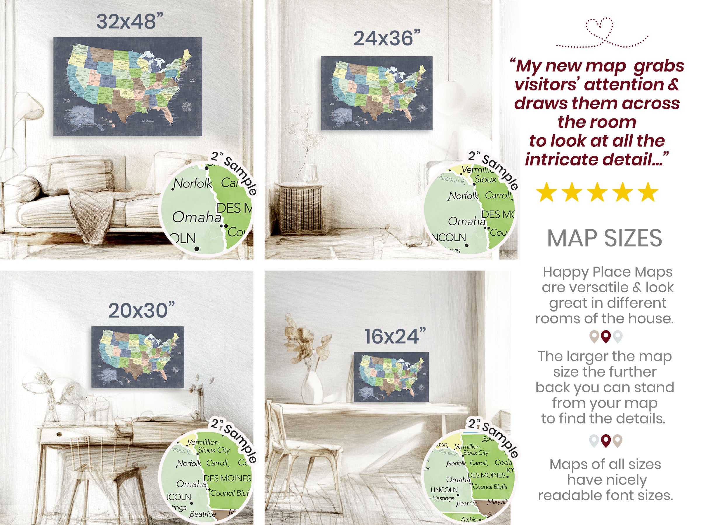 Push Pin Map USA with States & Cities in landscape format Size Chart and mockup on wall and desk