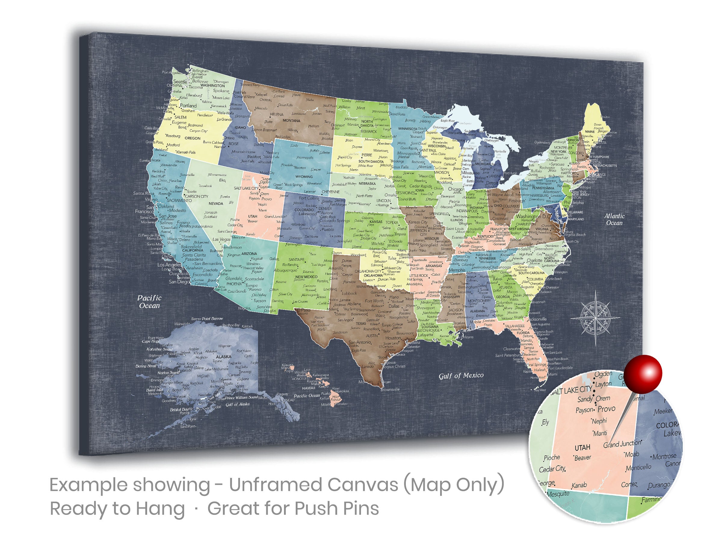 Push Pin Map USA with States & Cities for Home or Office